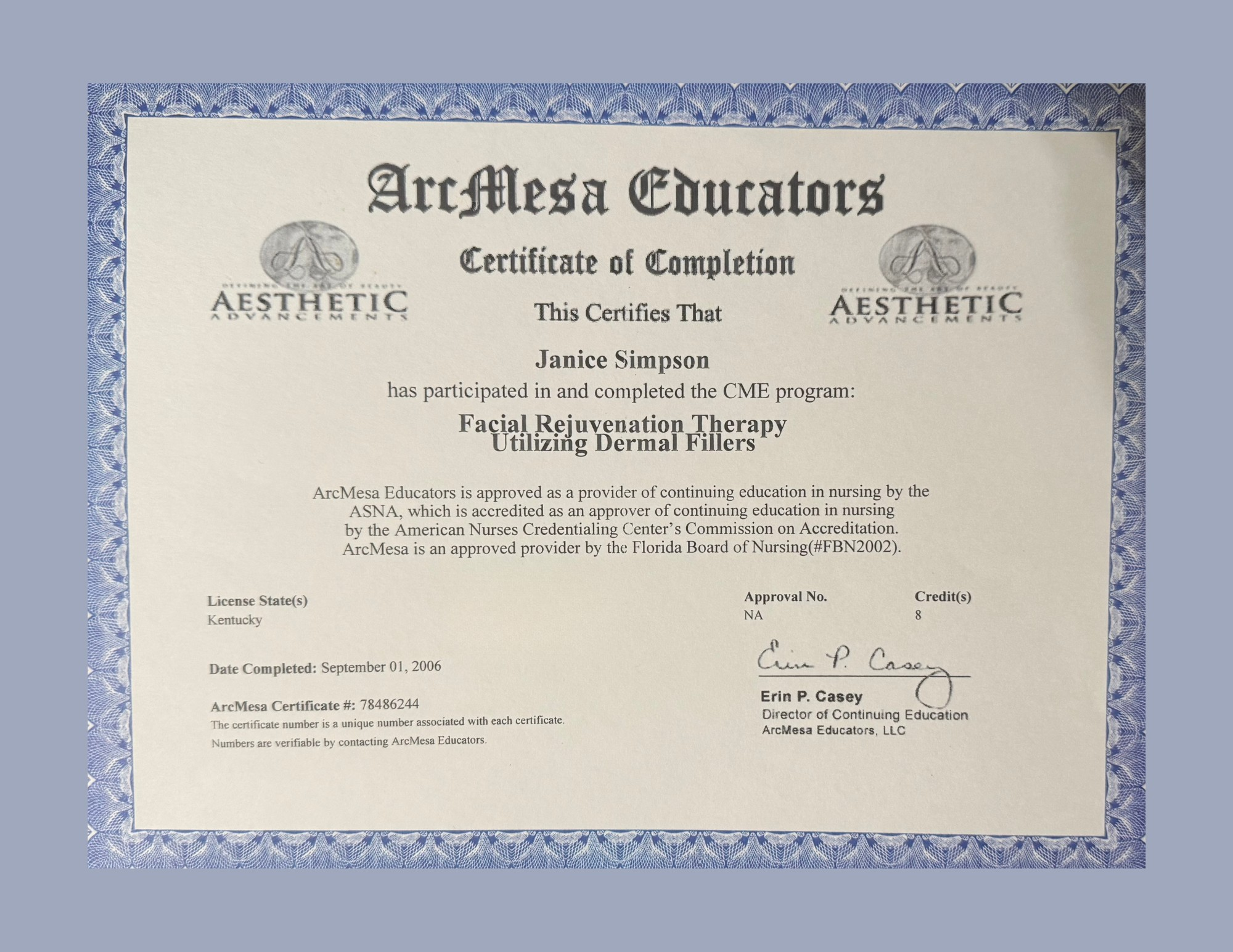 Janice Simpson Facial Rejuvenation Dermal Fillers Training Certificate