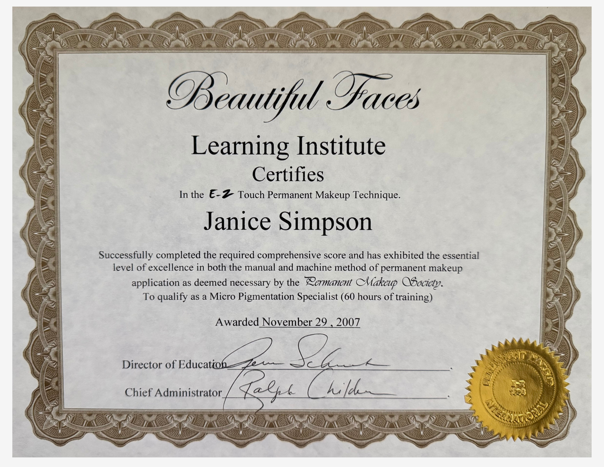 Janice Simpson Micropigmentation Specialist Certificate