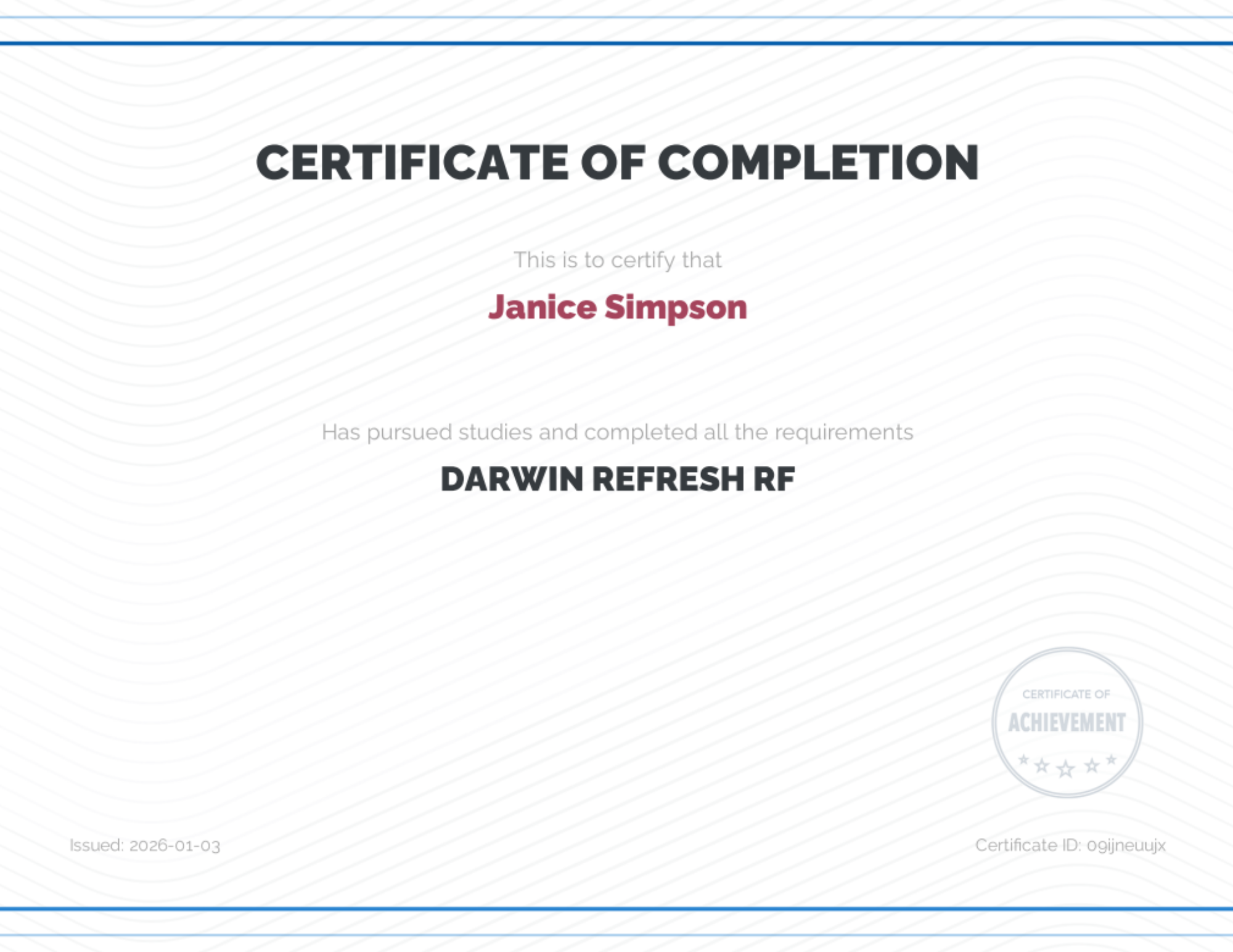 Janice Simpson LUVO Darwin Refresh RF Training Certificate