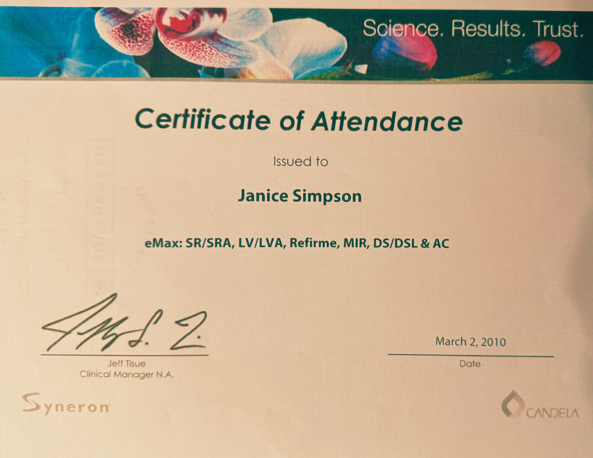 Janice Simpson eMax Multi Modalities Training Certificate