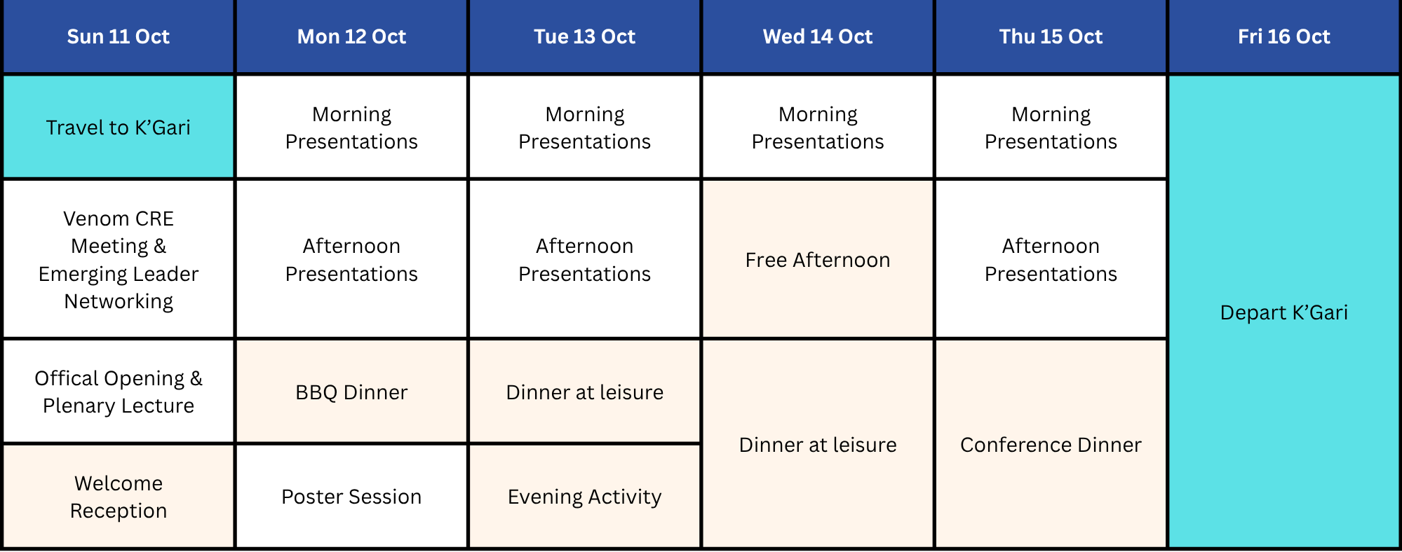 Weekly event schedule grid for October 11-16 with activities such as travel, presentations, meetings, dinners, and receptions, color-coded and organized by days and times.