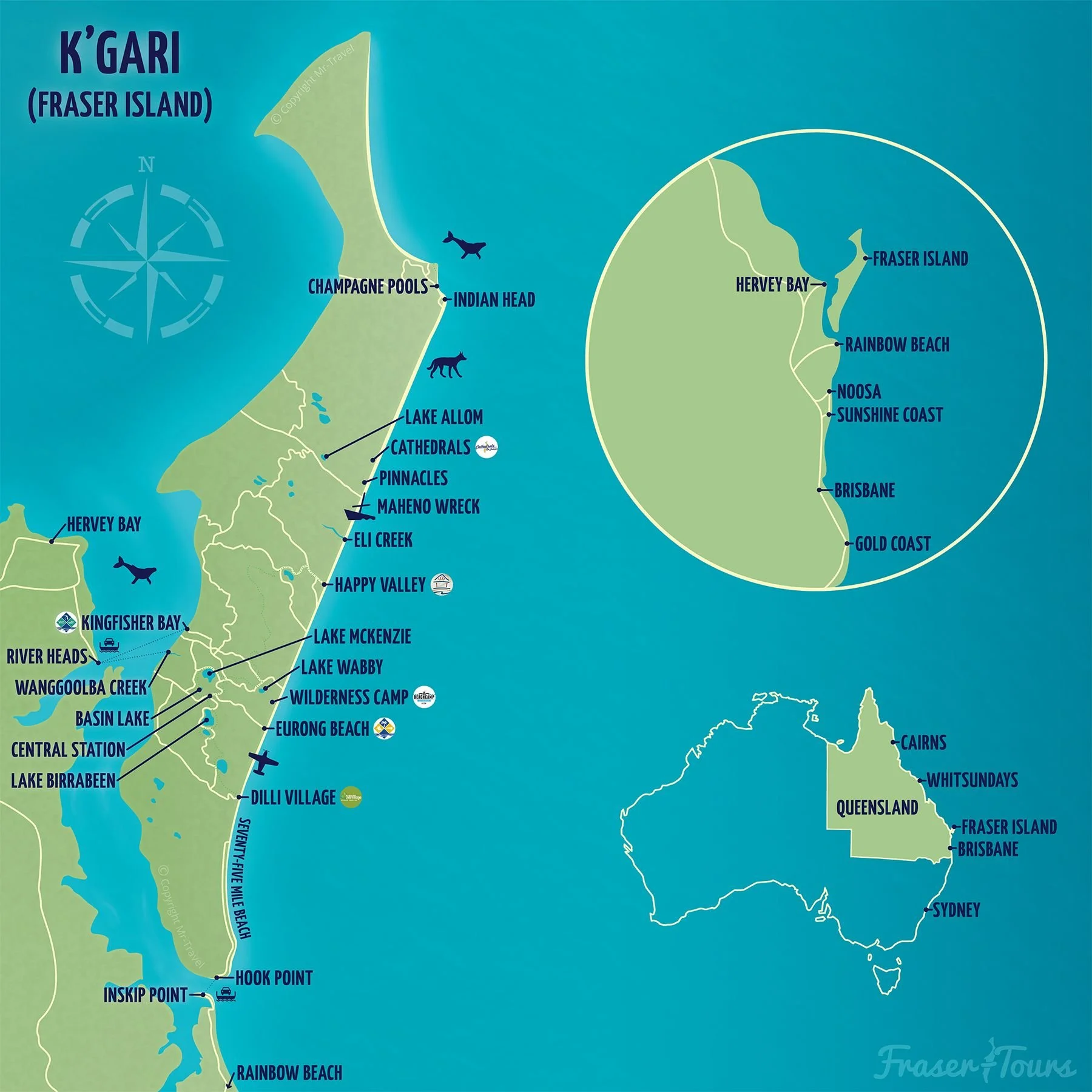 Map of Fraser Island showing various attractions, beaches, and locations such as Indian Head, Lake Allom, Cathedral, Pinnacles, Maheno Wreck, Eli Creek, Happy Valley, Lake McKenzie, Lake Wabby, Wilderness Camp, Eurong Beach, Dilli Village, Hook Point, Rainbow Beach, and the ferry route to Fraser Island. Insets display detailed views of Fraser Island, including Hervey Bay, Rainbow Beach, and nearby Queensland areas.