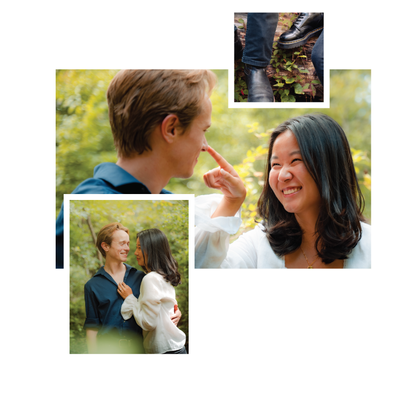 A young couple smiling and touching noses outdoors with trees in the background. Inset images show close-ups of the couple's shoes, and a moment where the woman holds the man's chest while they look into each other's eyes.