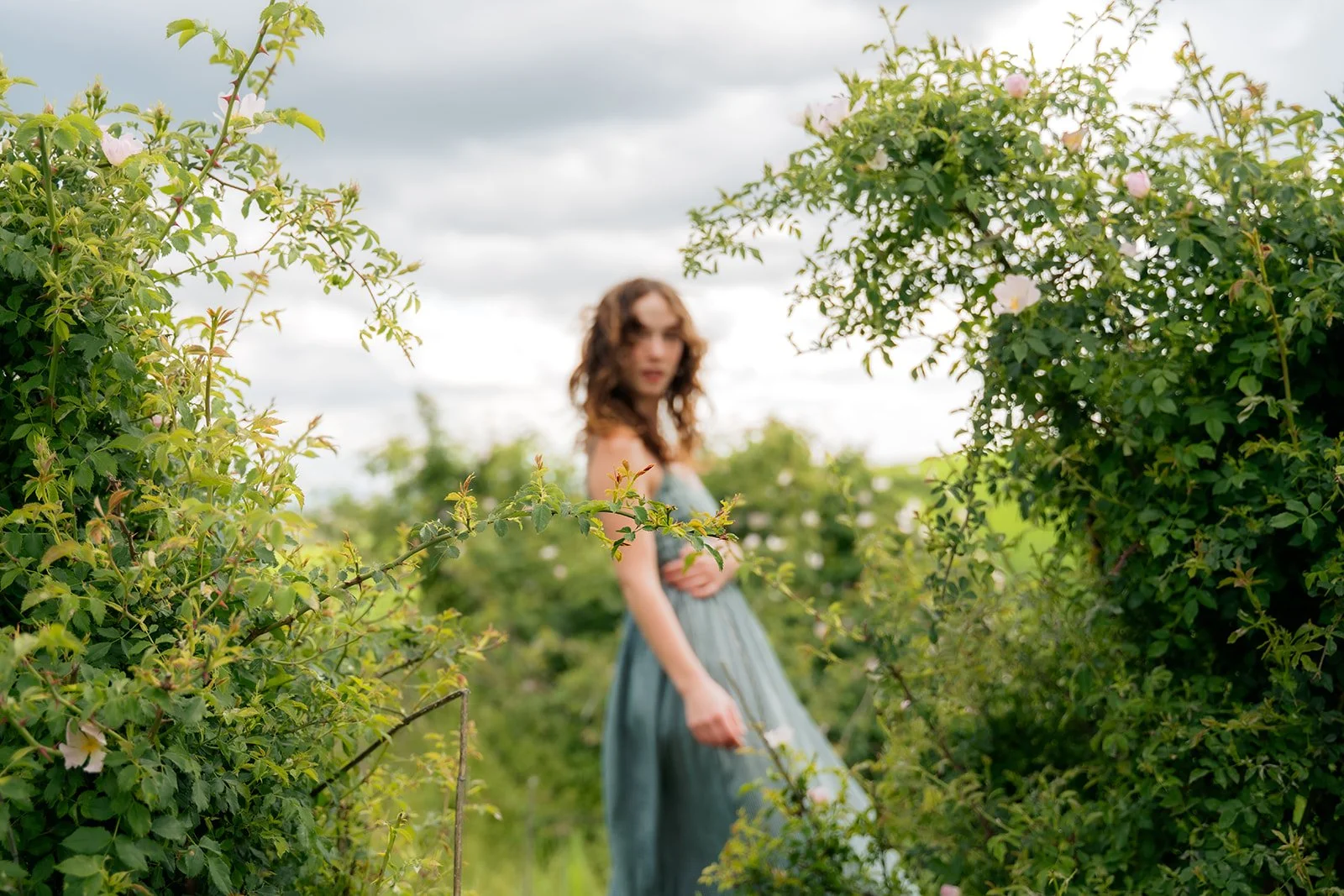 A woman in a flowing dress stands amidst lush green bushes with pink flowers, her face blurred, under a cloudy sky.