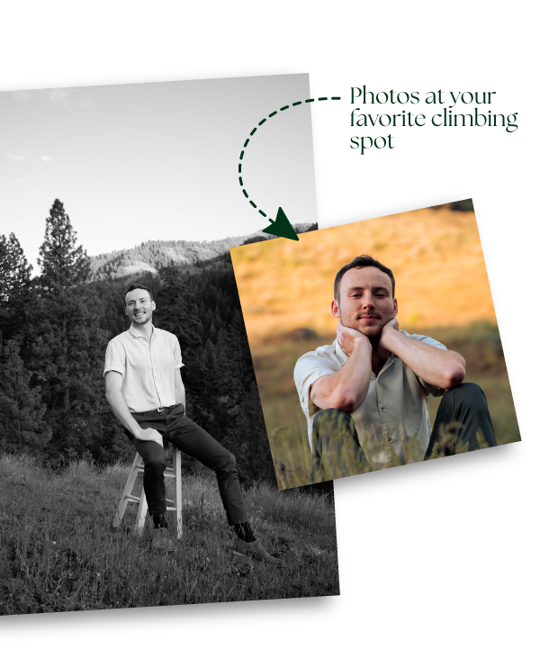 Black and white outdoor photo of a smiling man sitting on a wooden stool in a grassy field with trees and mountains in the background, with a color photo of the same man in a different pose overlaid in the foreground.