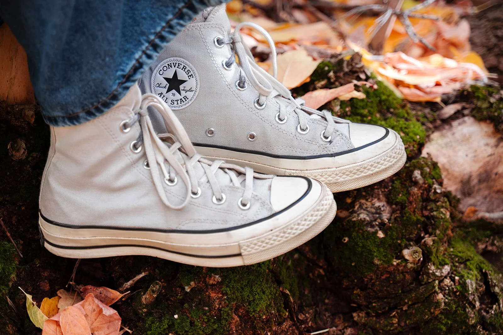 A person wearing white Converse Chuck Taylor All Star sneakers standing on moss-covered tree roots with fallen autumn leaves around.