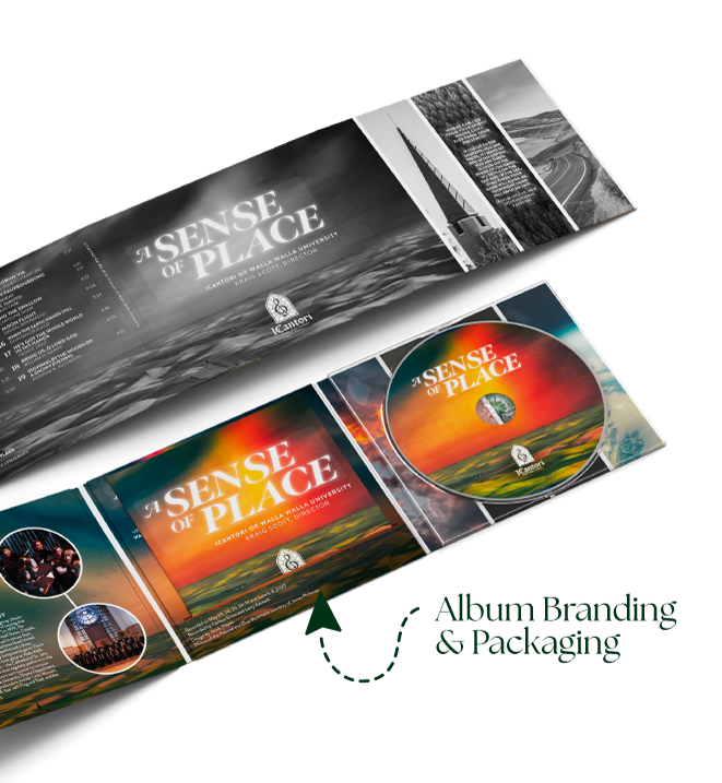 A promotional package for 'A Sense of Place' includes a brochure and a CD with a sunset landscape and the title.