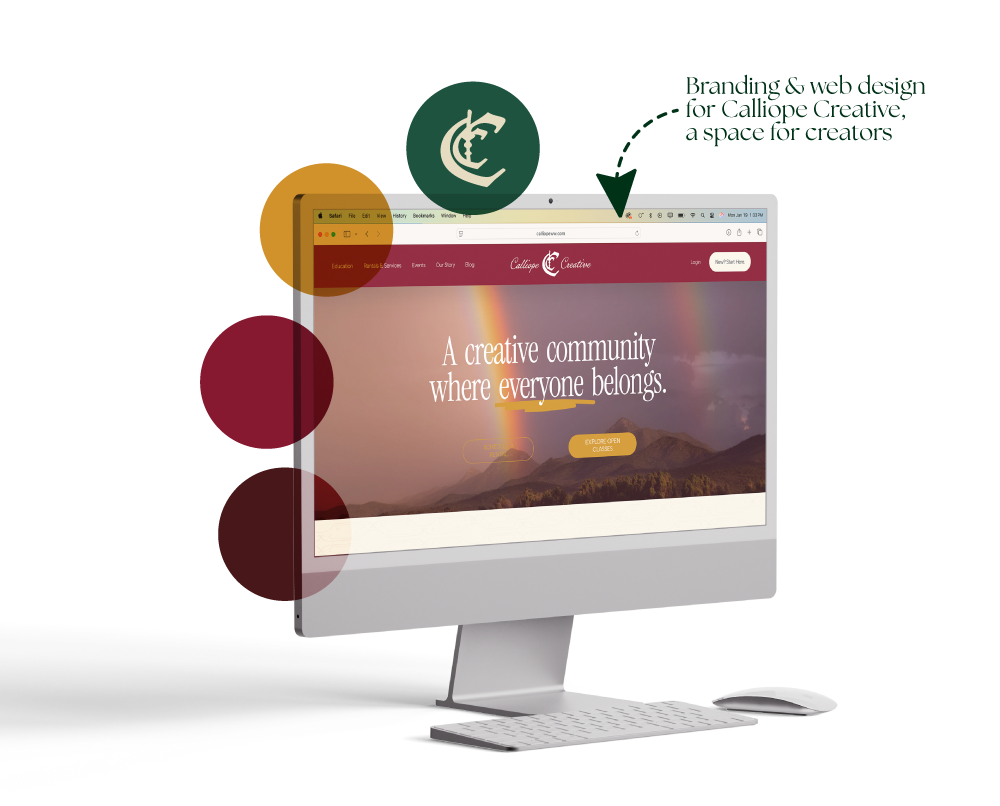 A desktop computer displaying a website with the text "A creative community where everyone belongs" and rainbow imagery in the background.