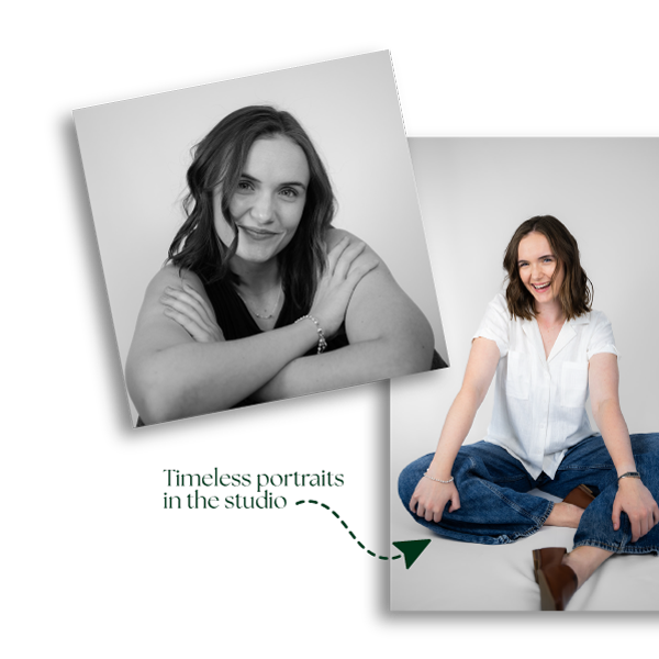 Two women, one black and white portrait and one color full-body photo, both with shoulder-length brown hair and casual clothing, smiling in studio settings.