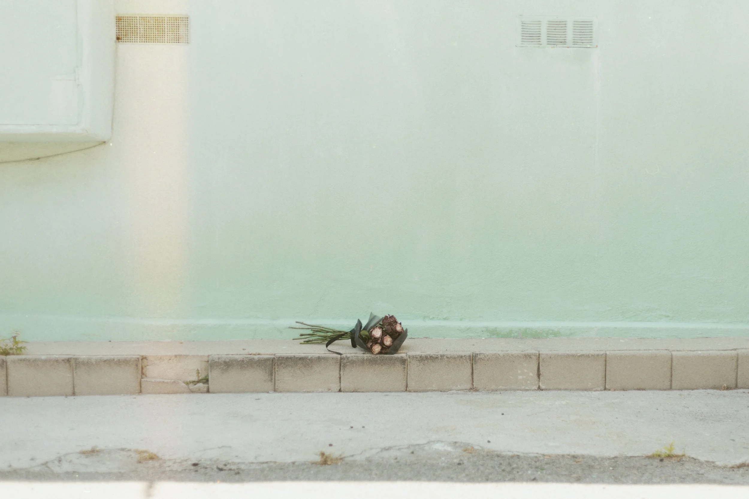 Bouquet of pink roses wrapped in black paper lies on a sidewalk in front of a light green wall with vents.