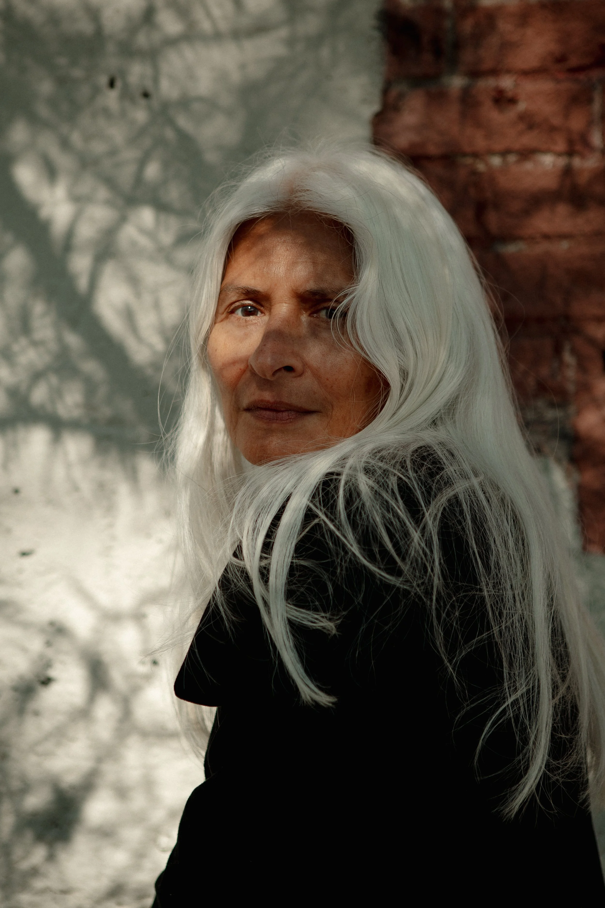 A portrait of an elderly woman with long white hair, standing against a textured wall with shadows of tree branches cast on it.