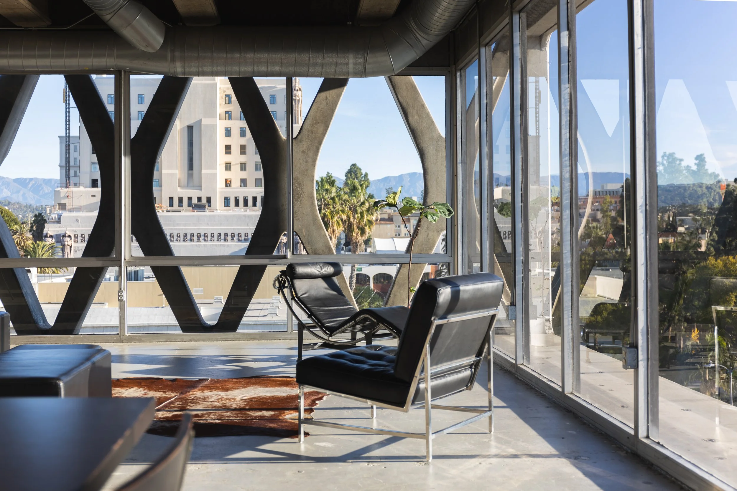 Modern interior with black leather lounge chairs, glass windows showing cityscape and mountains, and a potted plant inside.