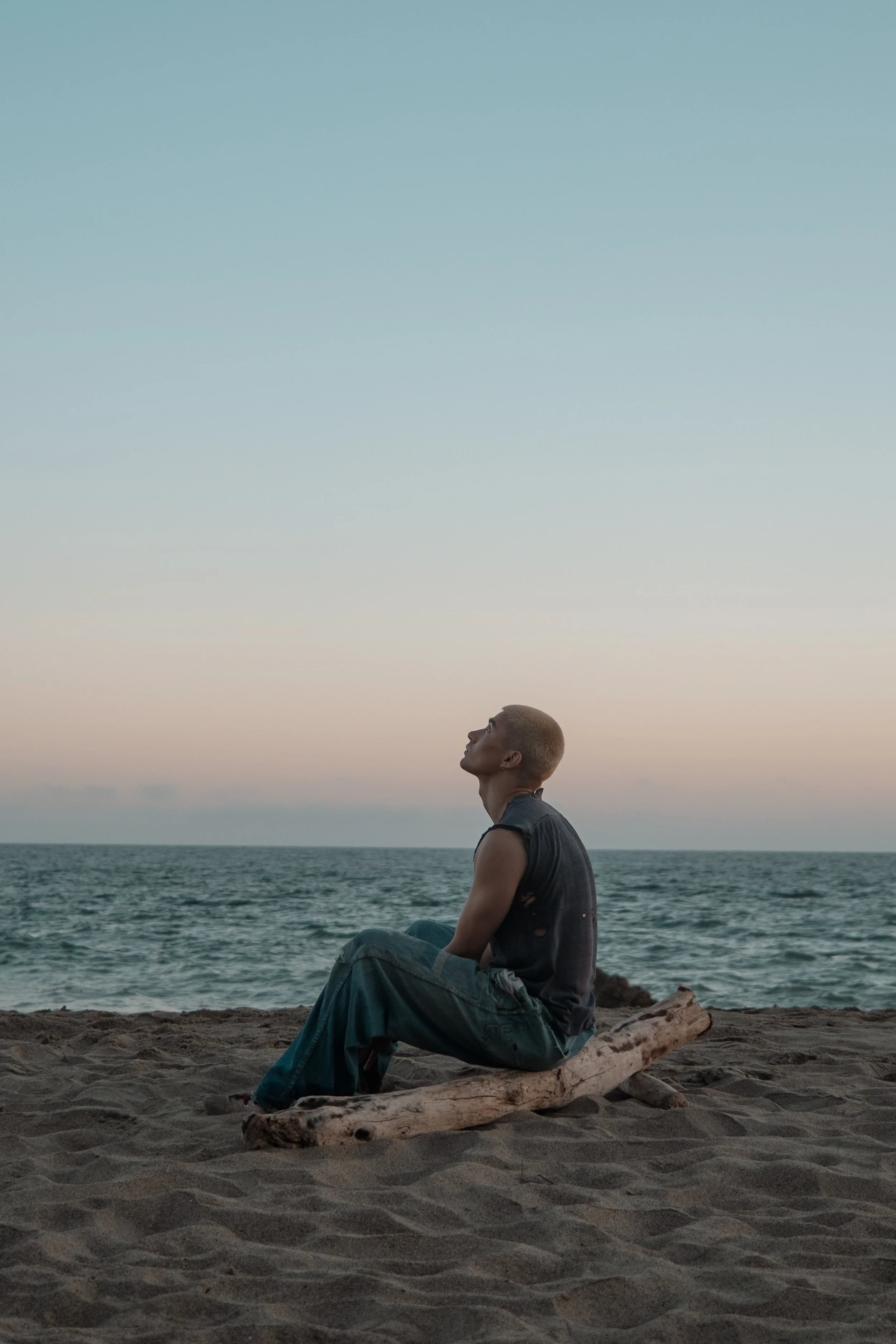 A young person with short blond hair sits on a piece of driftwood on a sandy beach, looking up at the sky during sunset with the ocean in the background.