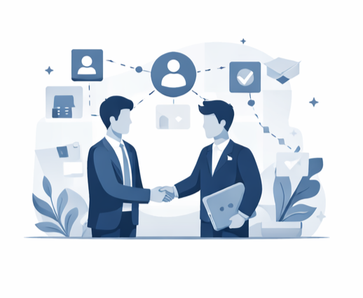 Two men in business suits shaking hands in a professional setting with icons of communication and networking behind them.