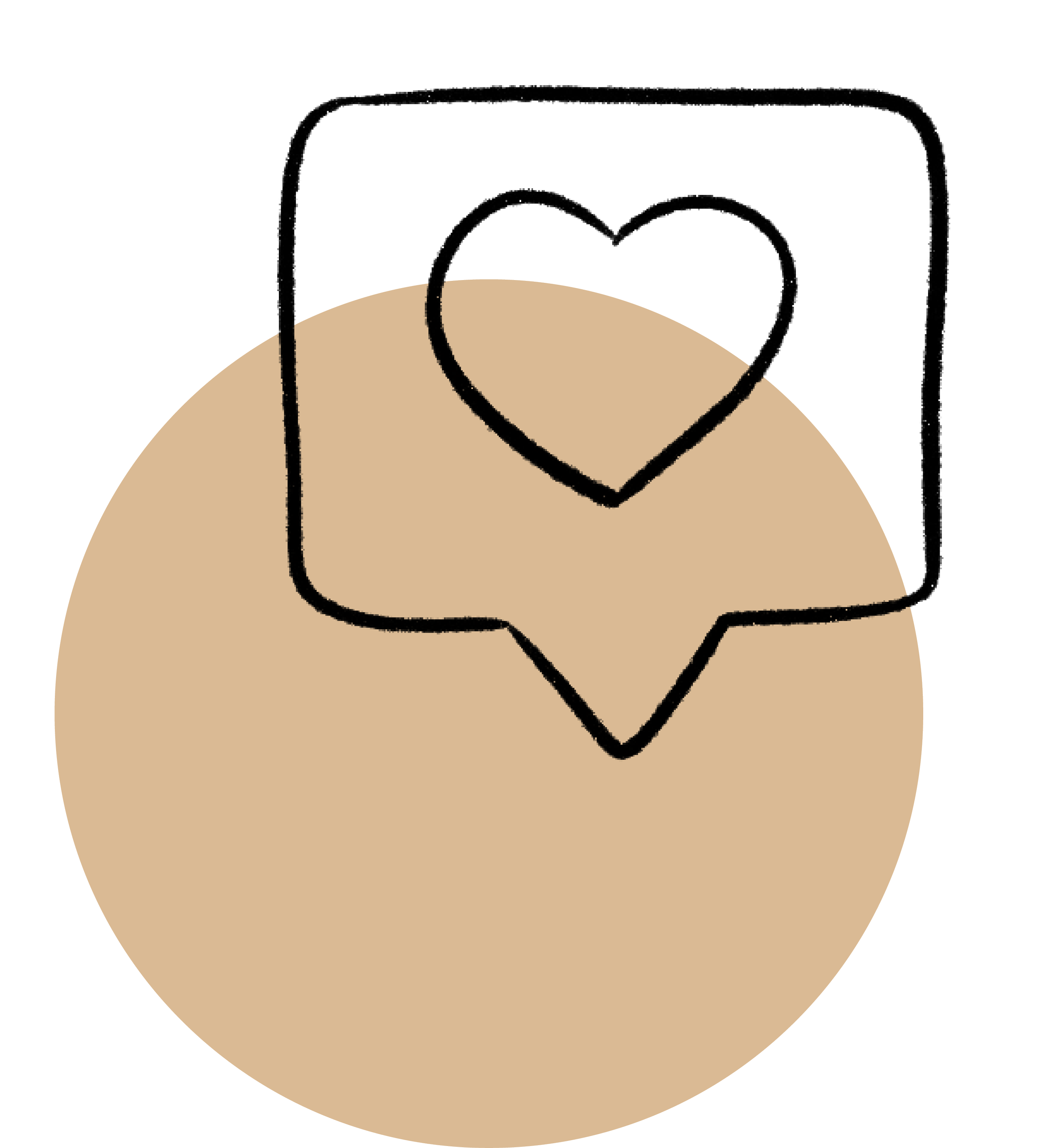 Illustration of a brown circle with a speech bubble and a rectangle above it, both outlined in black, with a heart inside the rectangle.