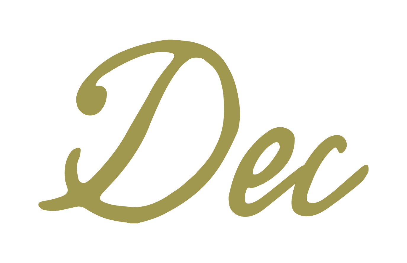Gold-colored cursive text spelling 'Dew' on a black background.