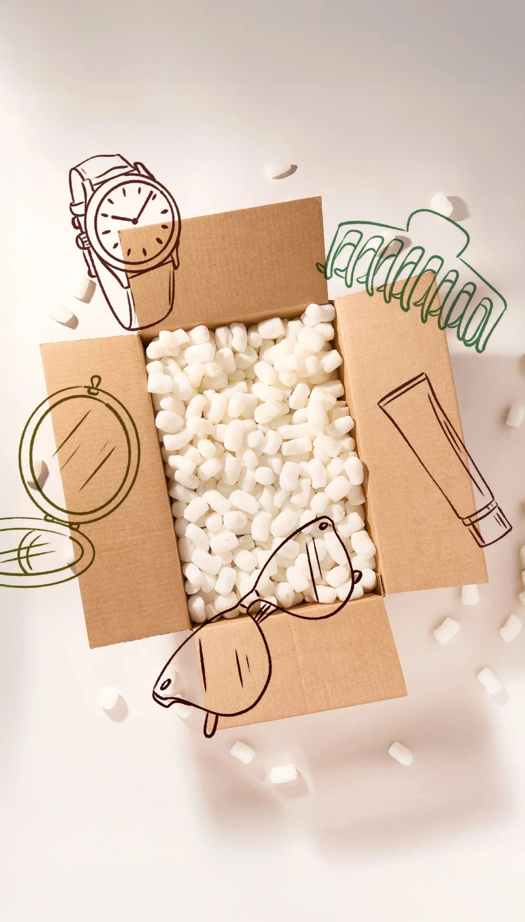 Open cardboard box filled with packing peanuts, with hand-drawn illustrations of a watch, mirror, fish, comb, and lotion tube around it.