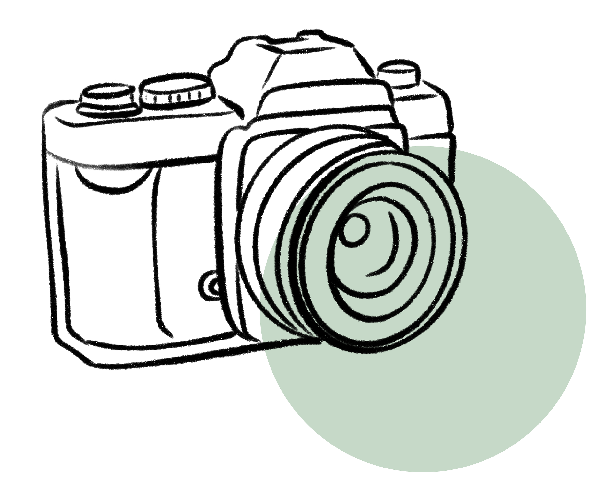 Line drawing of a camera with a large circular lens and a green circle behind it.