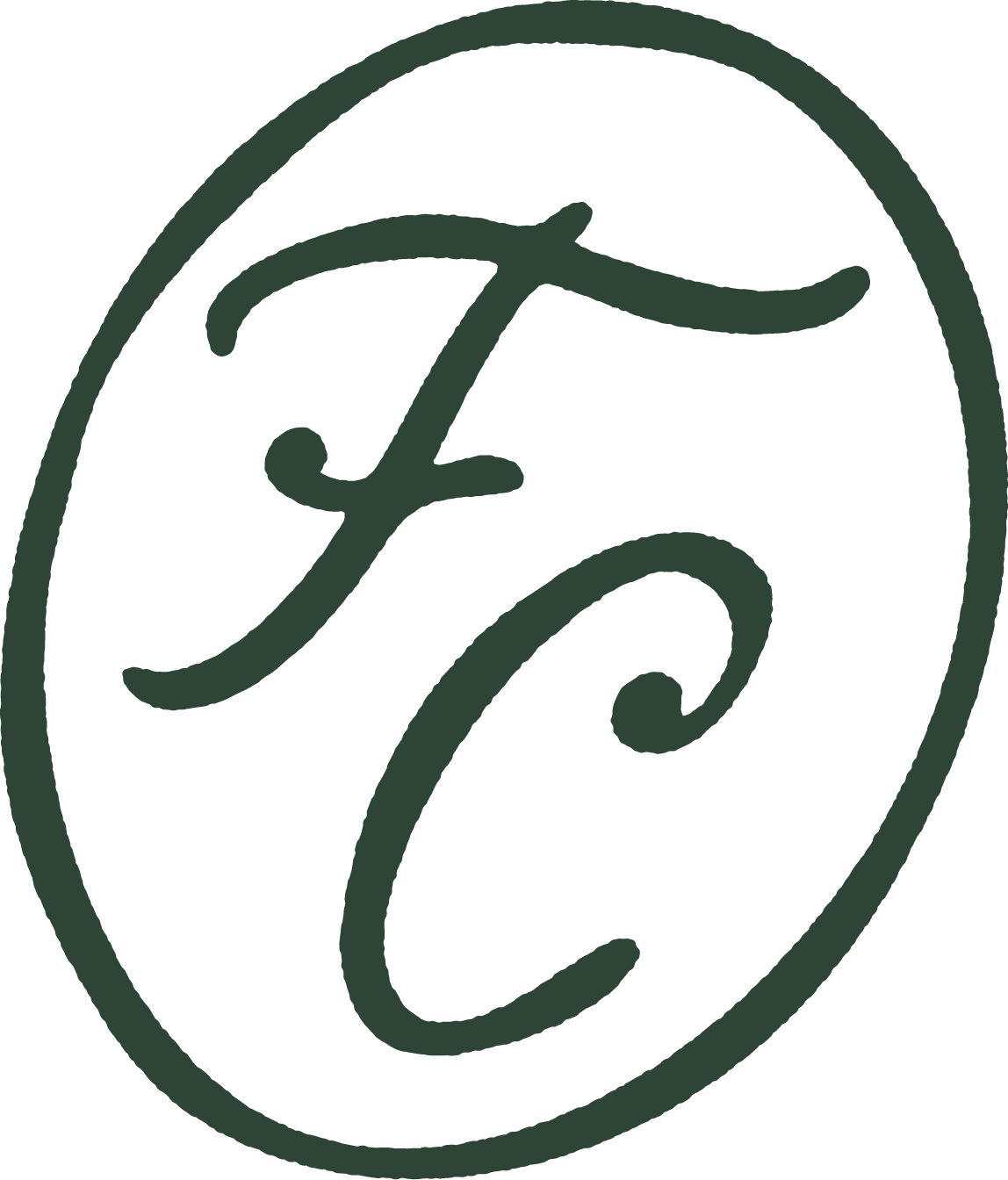 A close-up of a dark green logo with the letter 'J' in cursive inside an oval outline.