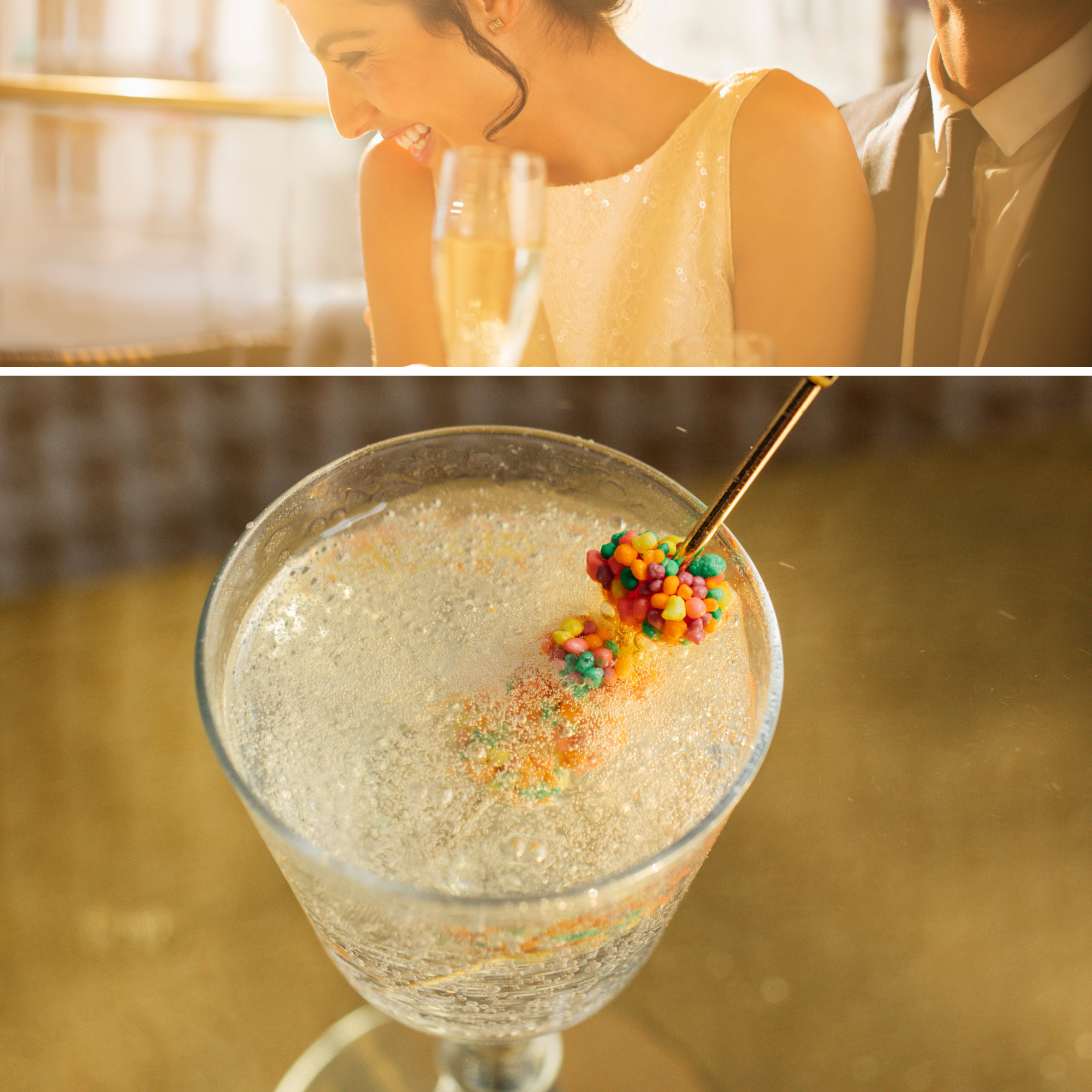 A woman and a man smiling at each other during a celebration, with a champagne glass in front of them, and a close-up of a champagne flute filled with sparkling champagne topped with colorful sprinkles and a straw.