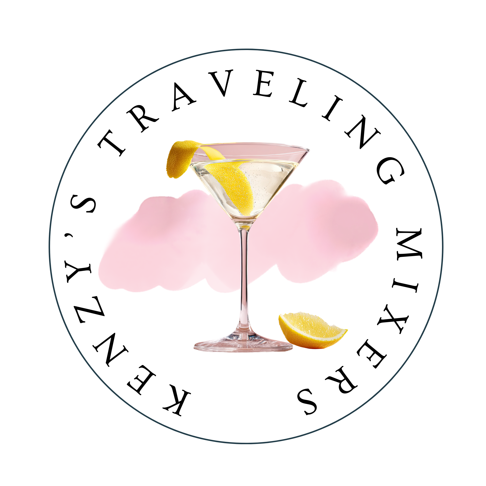 A pink circular logo with black text that reads, 'My Z's Traveling Mixers.' Inside the circle, a martini glass with a lemon twist and lemon wedge, with a faint pink watercolor splash in the background.