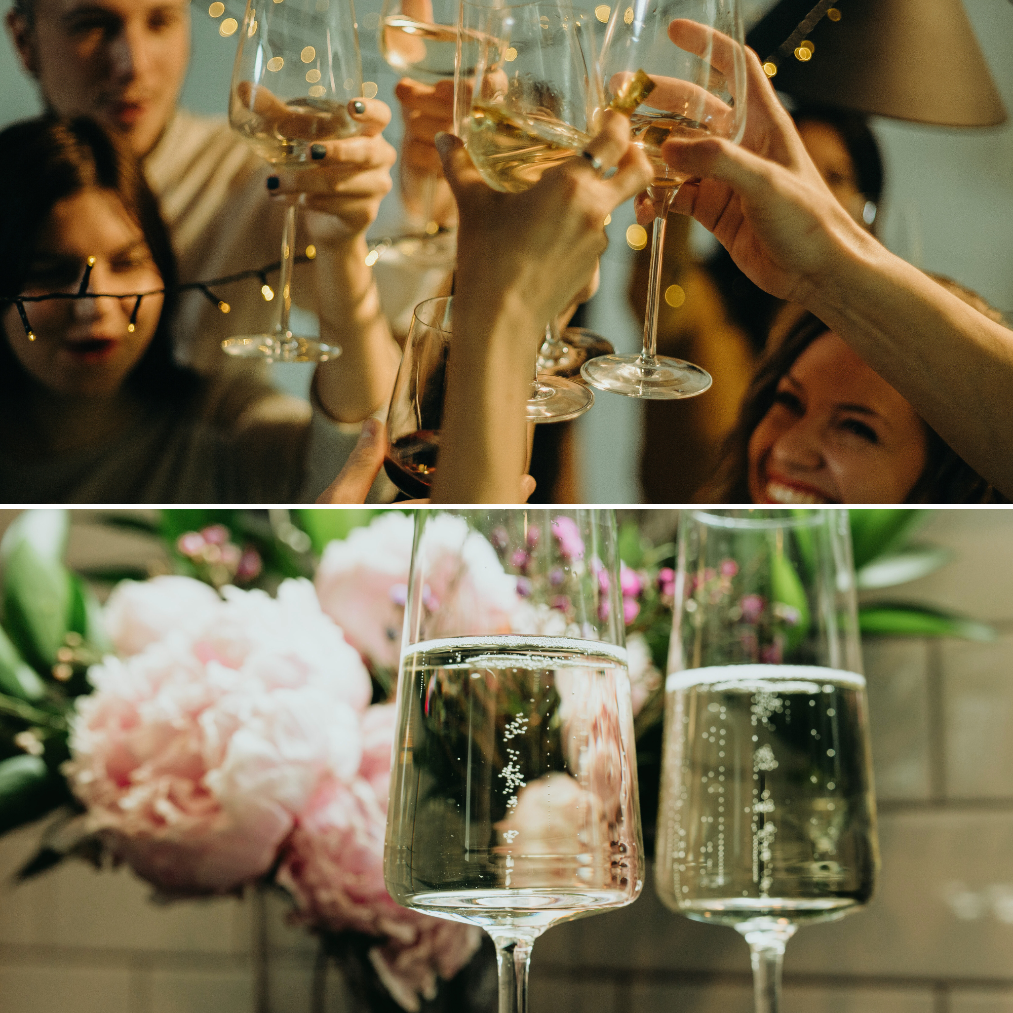 People clinking glasses of white wine in celebration, with a background of pink peonies and green foliage.
