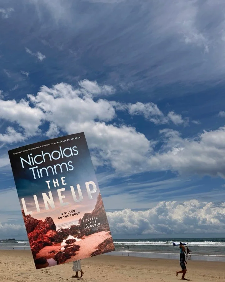 What will happen to this book at the beach? Scroll through to find out! 🩸The Lineup by Nicholas Timms is a crime caper set in our very own Byron Bay (and a little of Brisbane)&hellip;🏄🏼&zwj;♂️

Point Break meets Rear Window, it tells the story of 