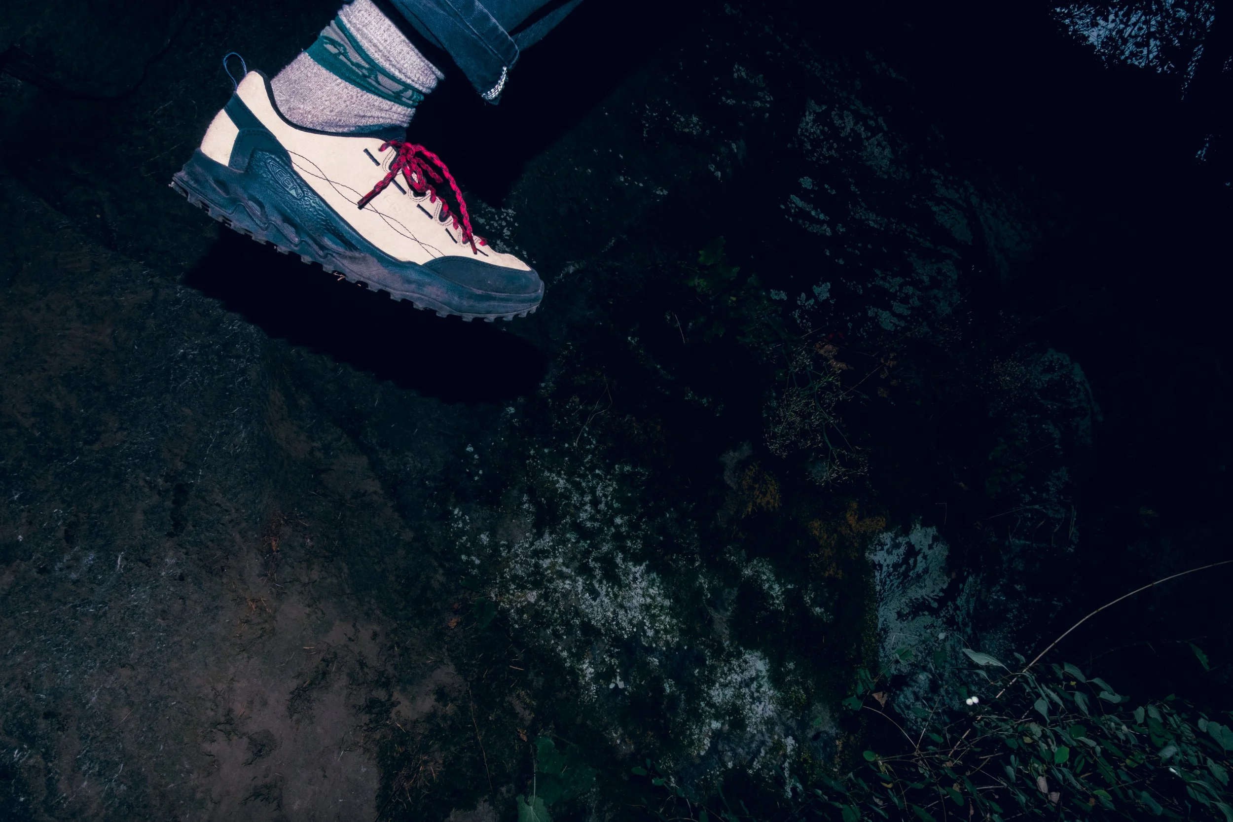 Close-up of a person's foot wearing a hiking shoe with red laces, standing on a dark, uneven forest floor with moss and small plants.