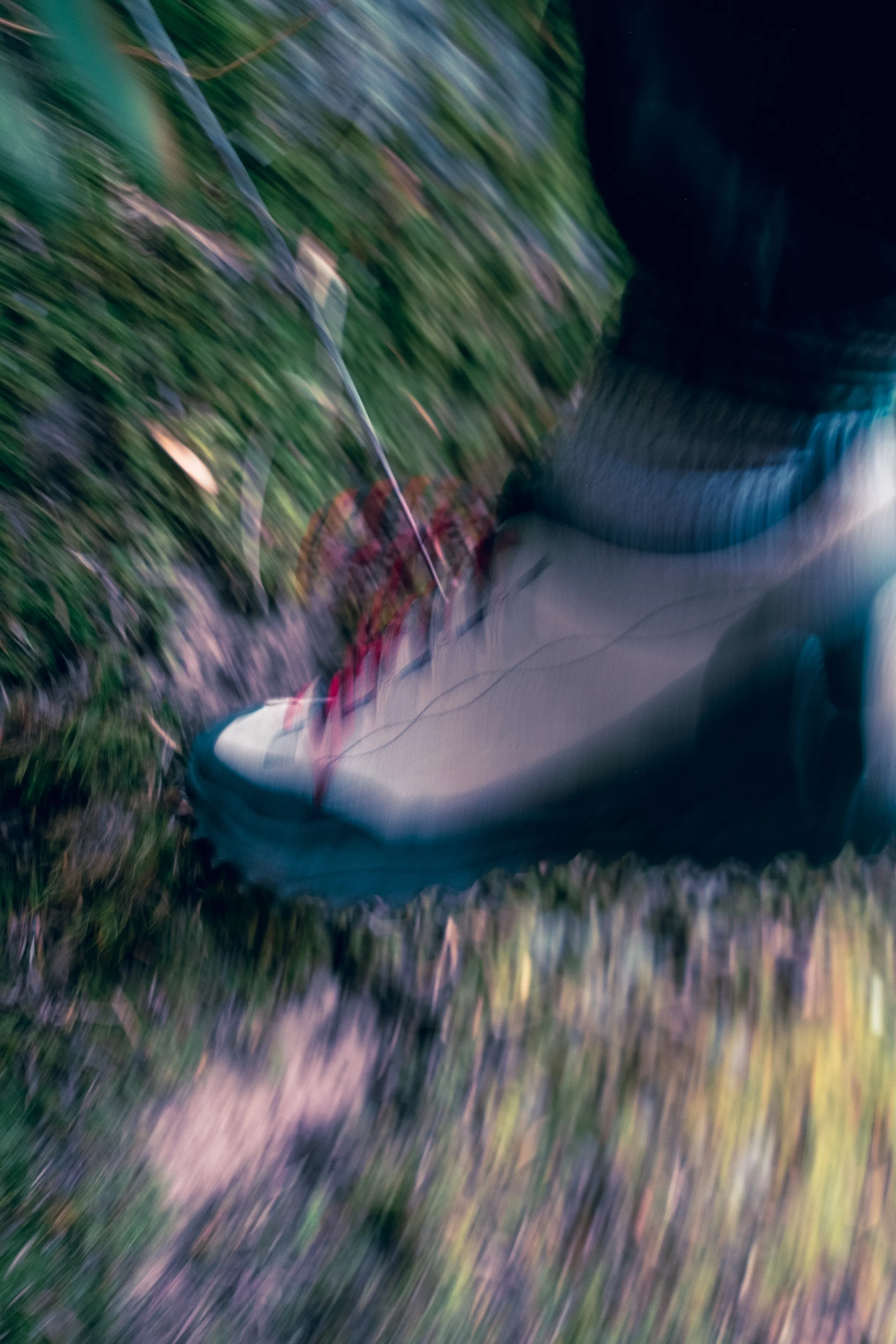 Close-up of a hiking boot on grassy terrain with motion blur, indicating movement or walking. Keen photography.