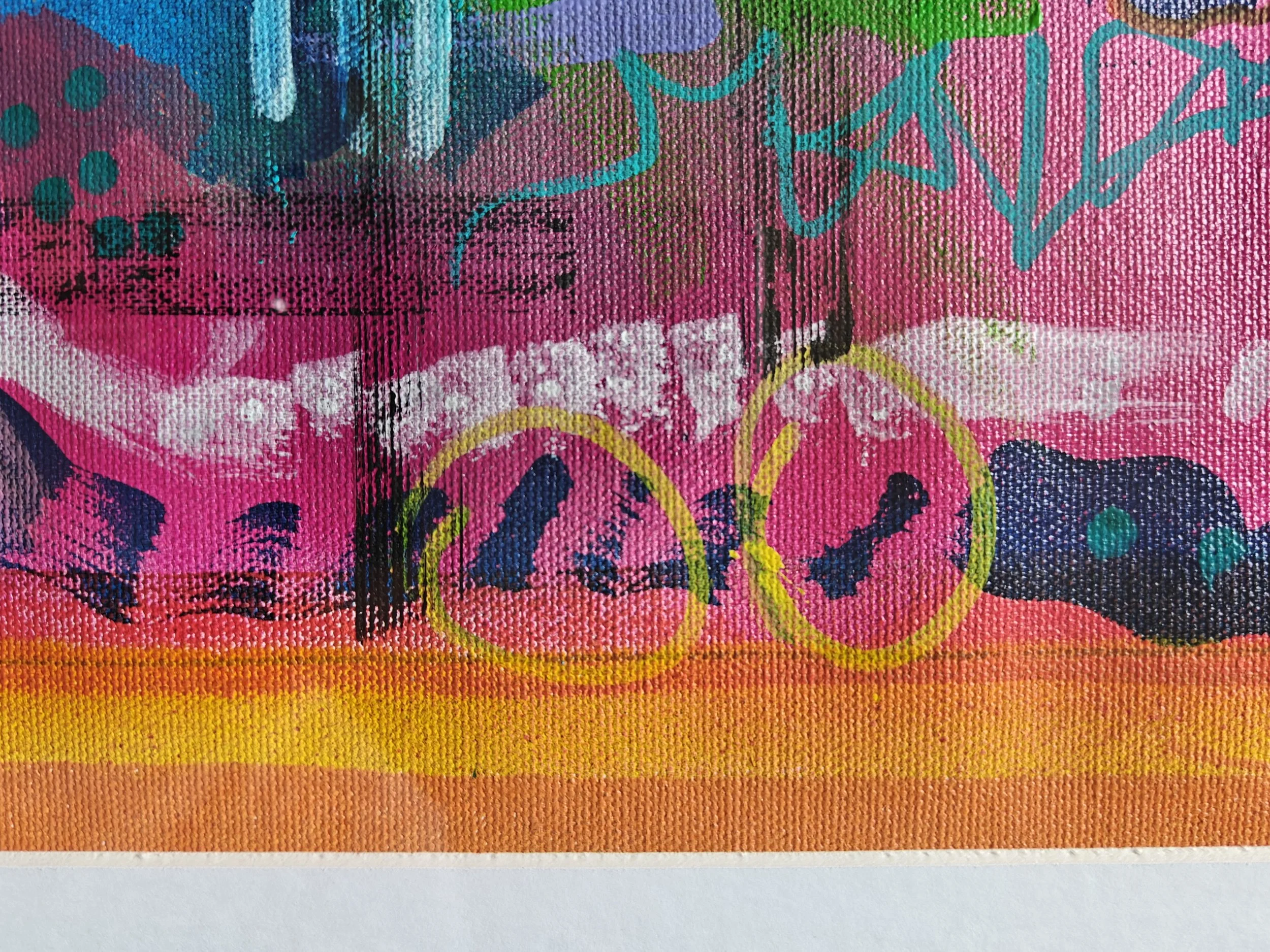 An experimental abstract painting filled with blues, greens, pinks, and orange tones. A hesitant, hopeful first step into true abstraction. One-of-one original.