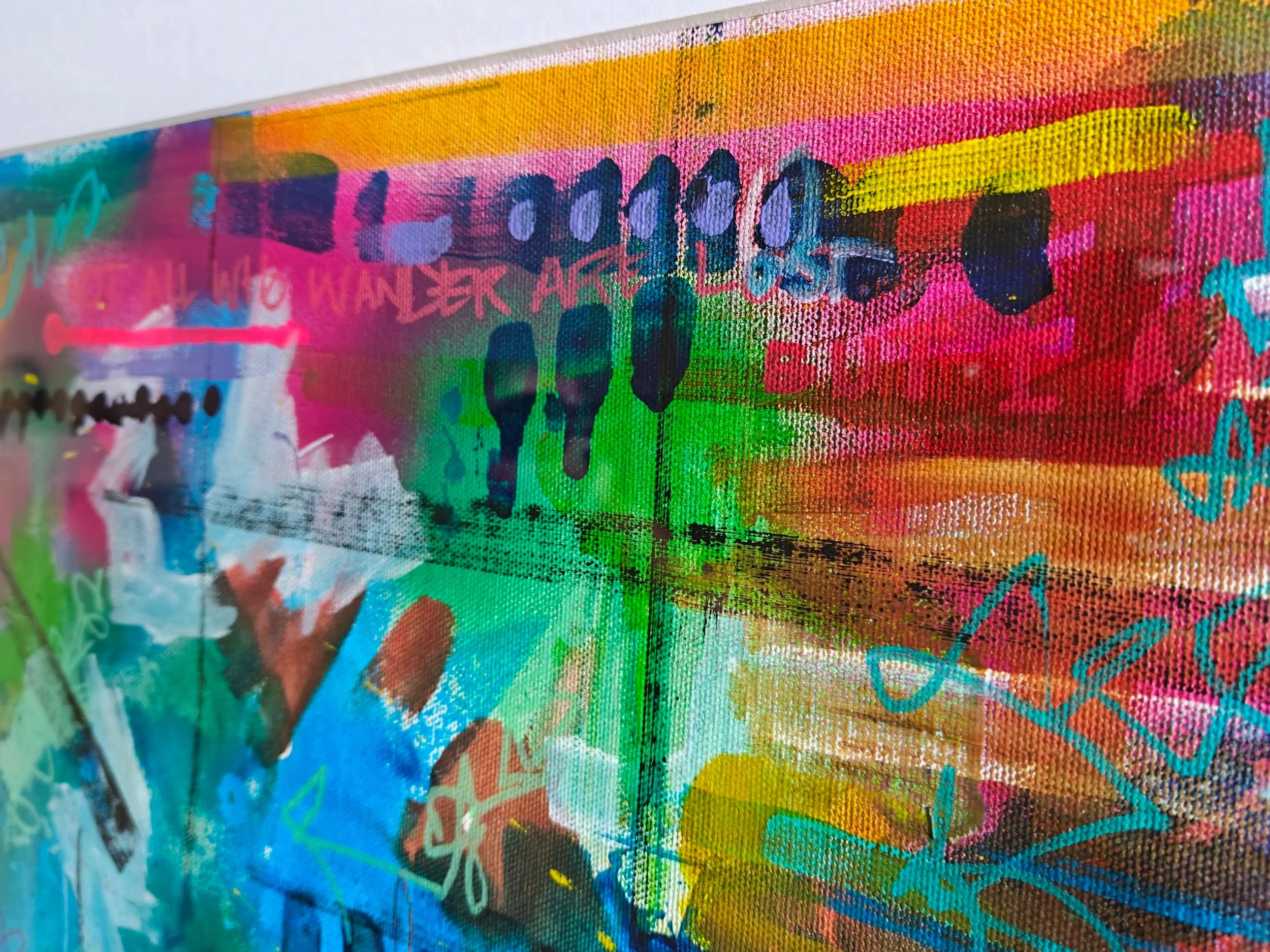 An experimental abstract painting filled with blues, greens, pinks, and orange tones. A hesitant, hopeful first step into true abstraction. One-of-one original.