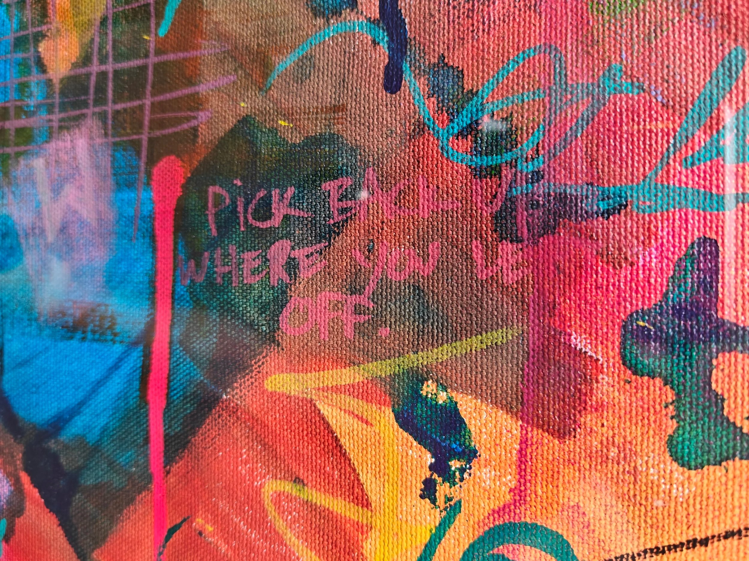 An experimental abstract painting filled with blues, greens, pinks, and orange tones. A hesitant, hopeful first step into true abstraction. One-of-one original.