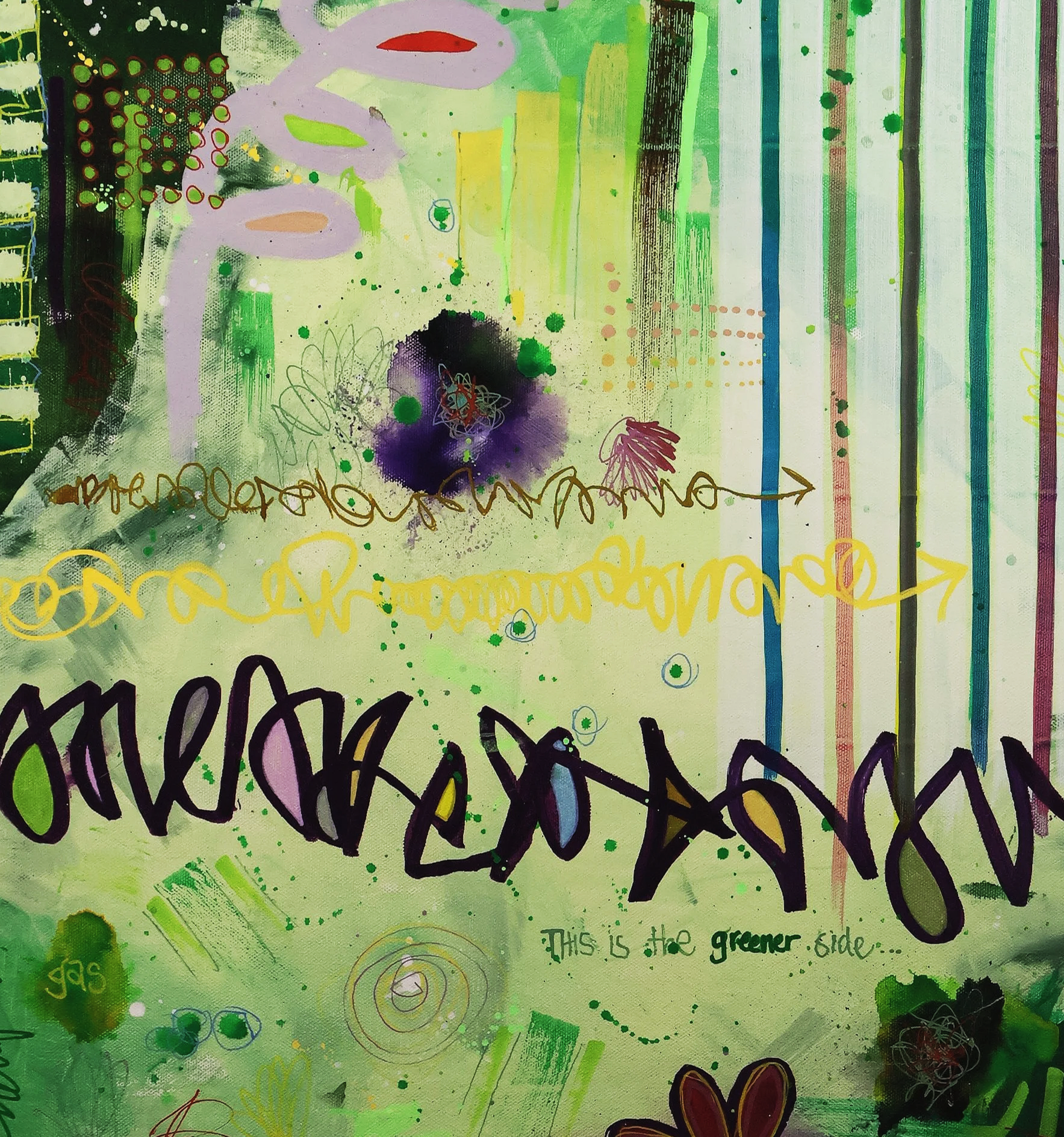 The Other Side abstract painting with green tones, acrylic paint, acrylic ink, and paint markers on canvas. Calm, minimal, expressive composition with the text ‘the greener side,’ displayed in a custom float frame