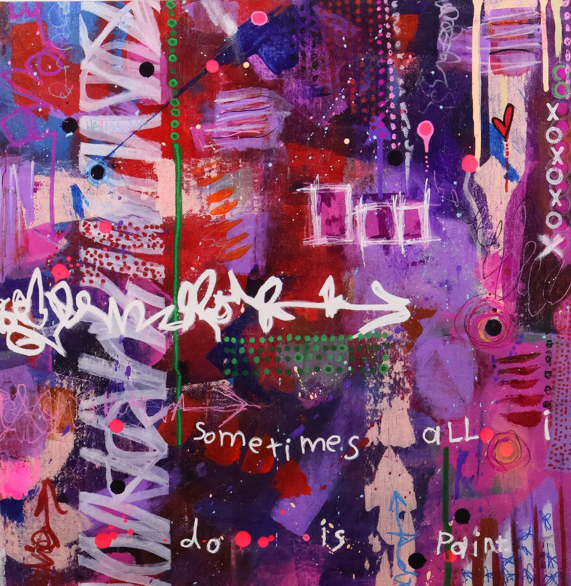 Sometimes is an original,  framed abstract mixed media painting featuring pink, purple, and violet layers with white handwritten text, arrows, dots, grids, and expressive marks, created with acrylic paint, ink, and markers on raw-edged canvas.