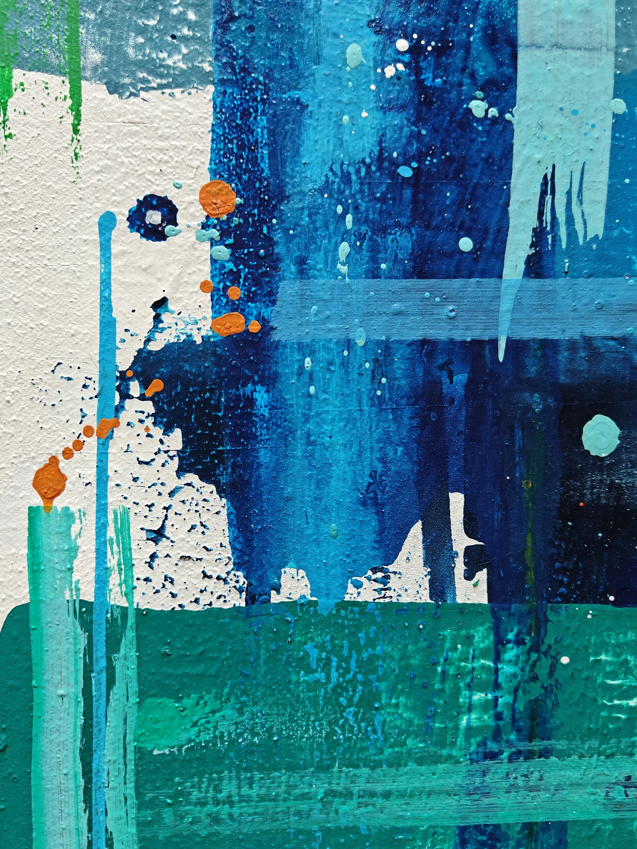 Last Night in Paonia abstract painting with blue, green, orange, teal, and grey tones, created with acrylic ink and acrylic paint markers on upcycled canvas.