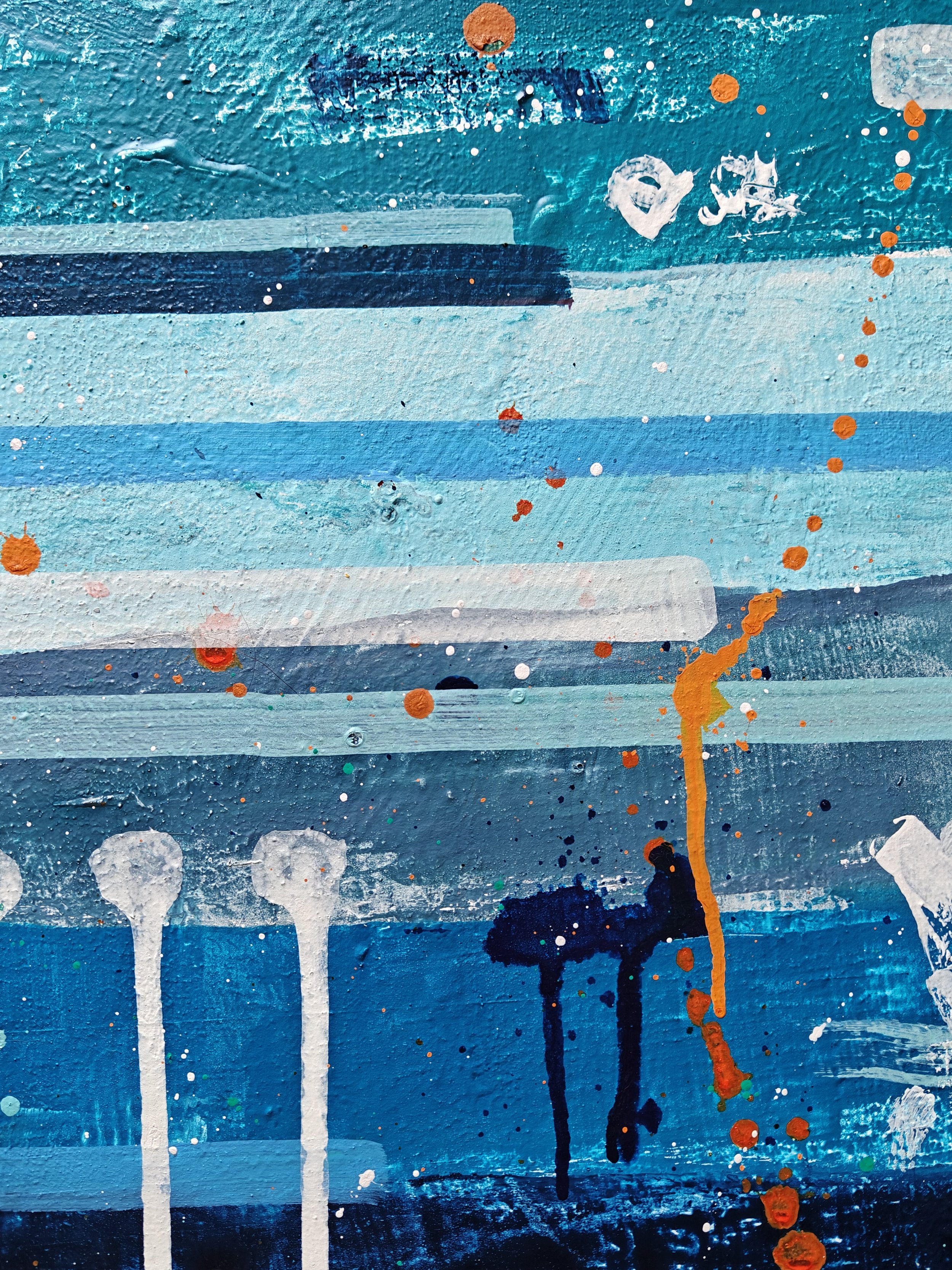Last Night in Paonia abstract painting with blue, green, orange, teal, and grey tones, created with acrylic ink and acrylic paint markers on upcycled canvas.