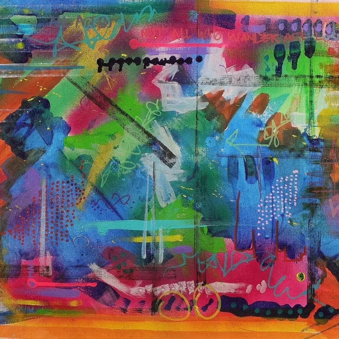 The First Time for Everything abstract painting featuring blues, greens, pinks, and oranges created with acrylic ink, acrylic paint markers, and acrylic paint on canvas. First experimental abstract piece with minimal markings