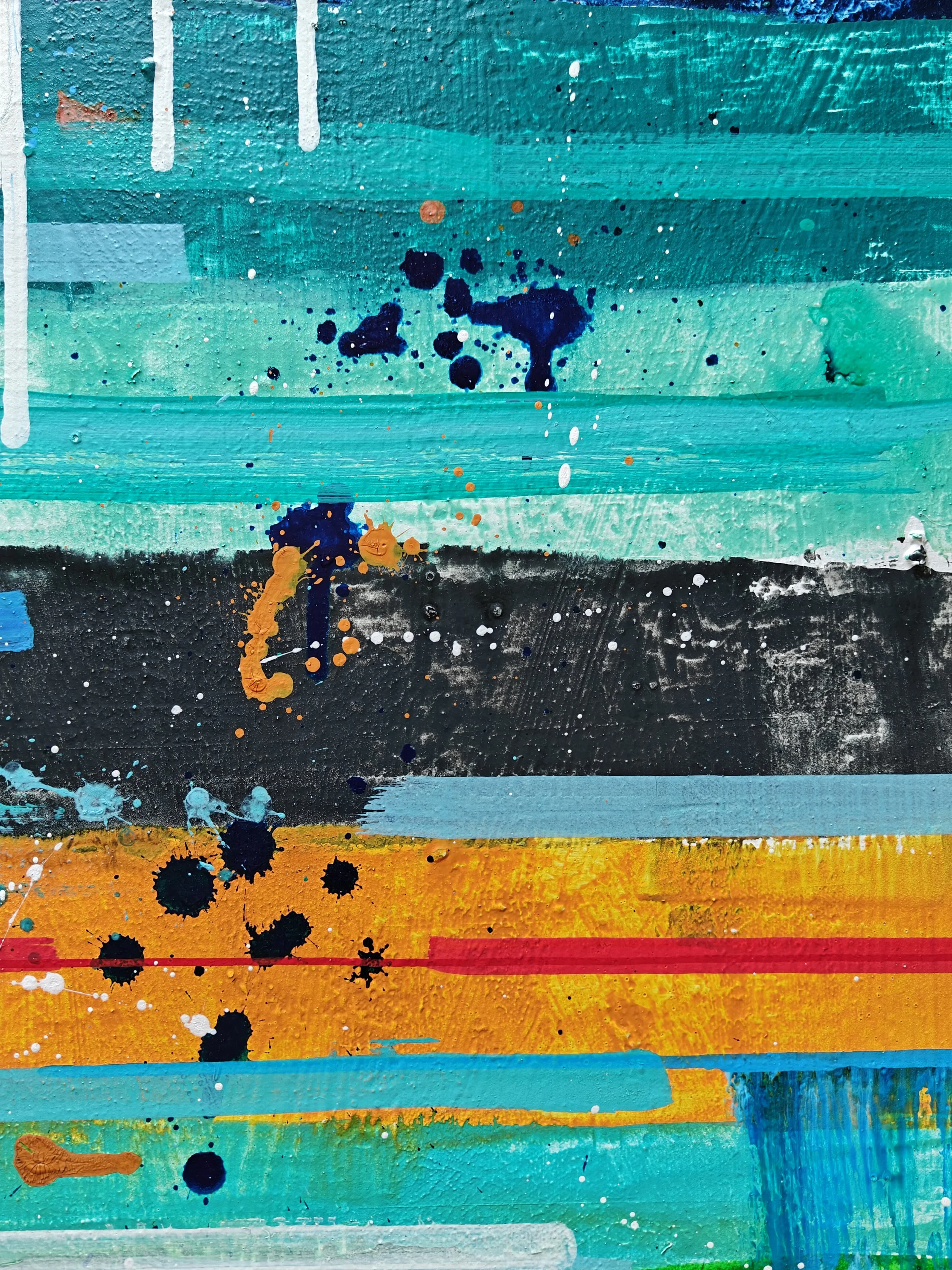 Last Night in Paonia abstract painting with blue, green, orange, teal, and grey tones, created with acrylic ink and acrylic paint markers on upcycled canvas.