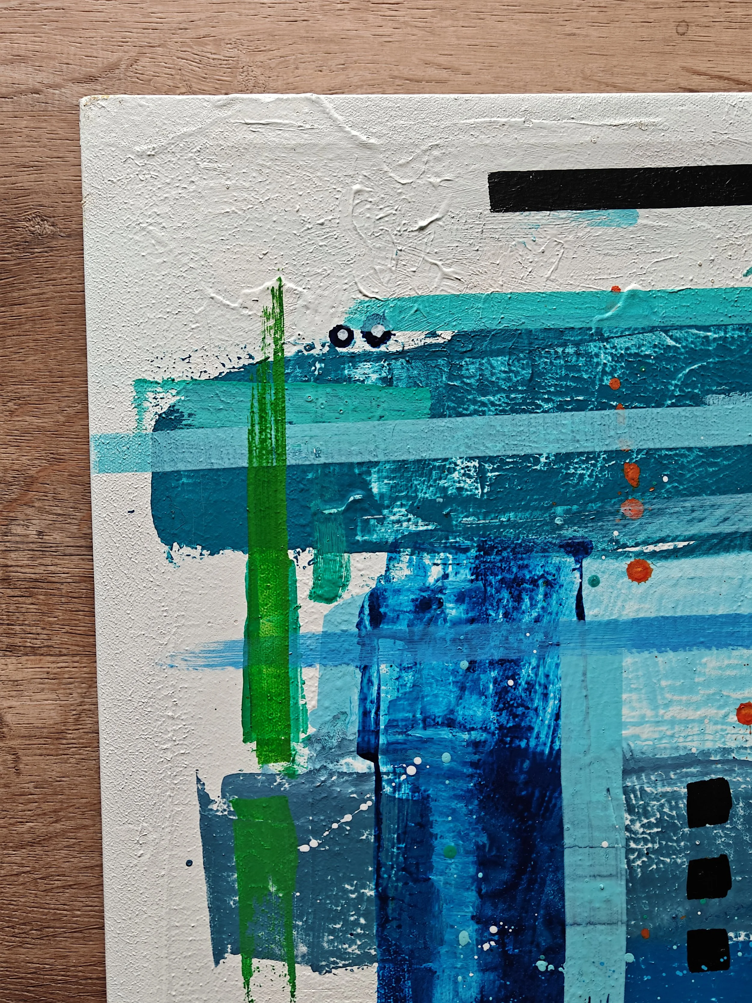 Last Night in Paonia abstract painting with blue, green, orange, teal, and grey tones, created with acrylic ink and acrylic paint markers on upcycled canvas.