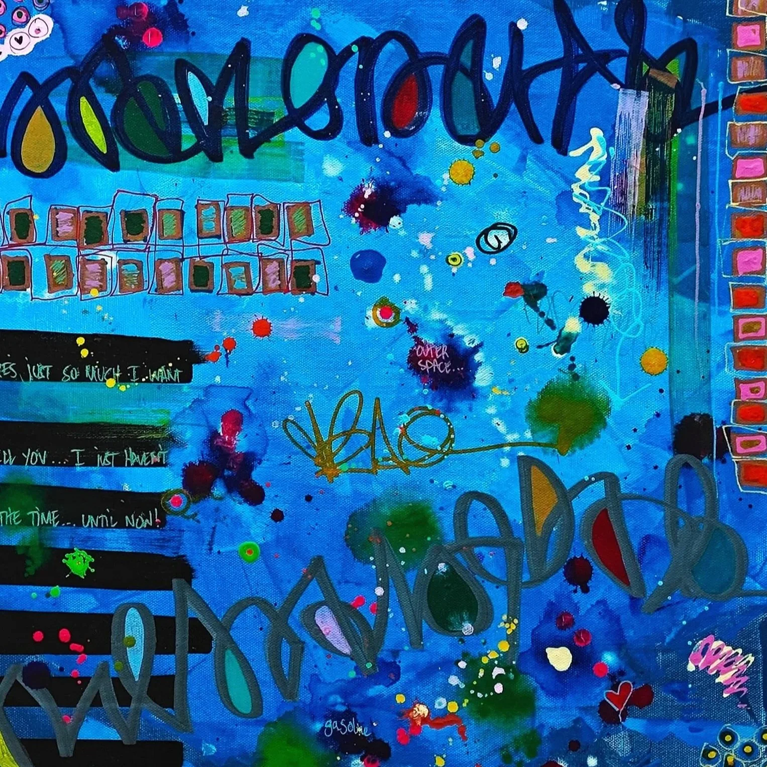 : Under the Sea abstract mixed media painting with layered blues, splashes, neon accents, grids, drips, and handwritten text, created with acrylic paint, ink, and markers on canvas.