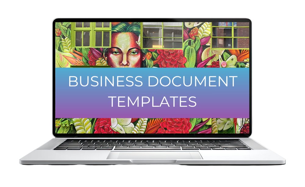 computer with mural painting for course bonus that says Business Document Templates