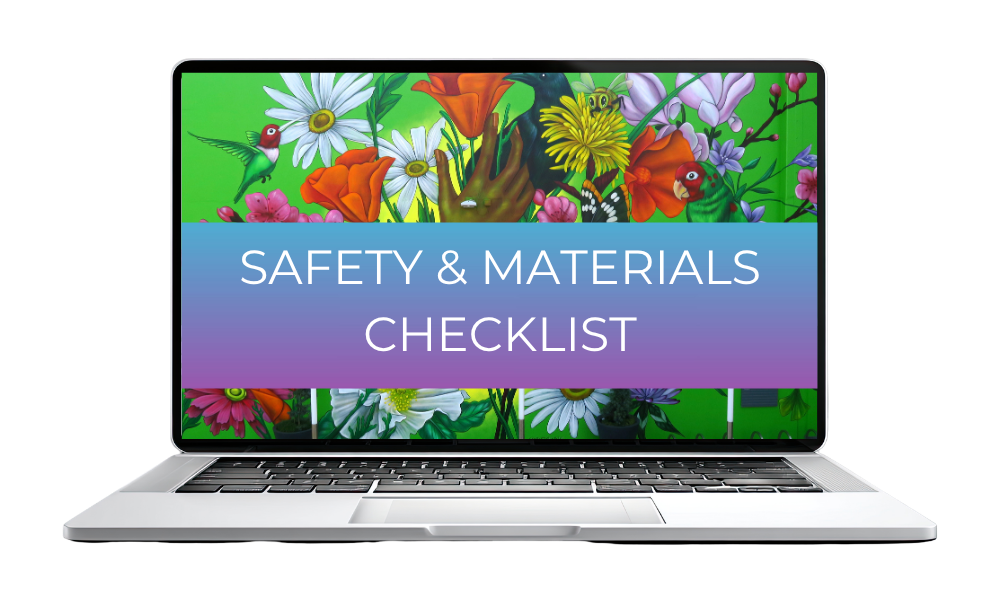 Computer with painted mural image for a course bonus that says Safety and materials checklist