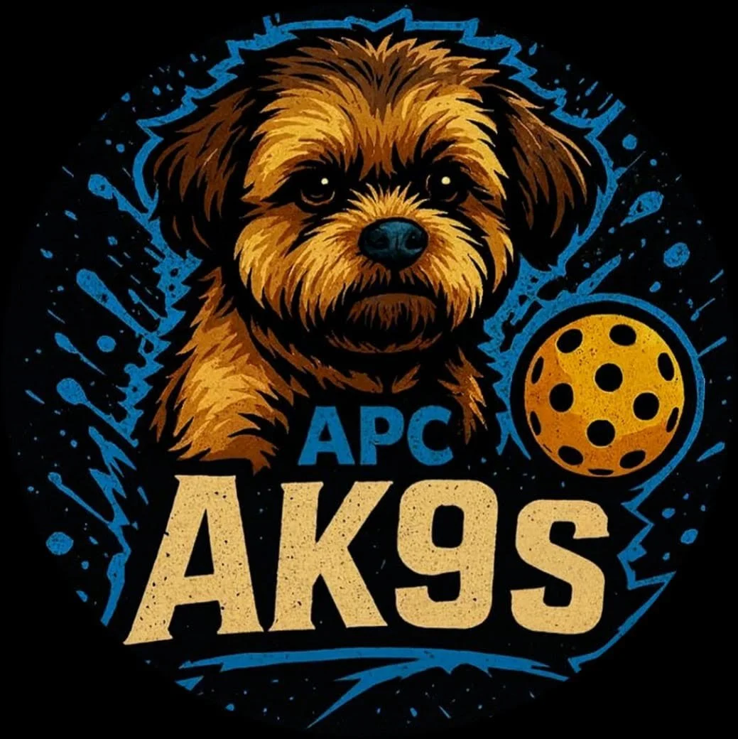 Illustration of Hermie, Mascot of Auckland Pickleball Centre, with brown fur and black snout, with blue splash design in the background. The text 'APC AK9S' is displayed, along with a yellow circle with black dots resembling a moon or planet.
