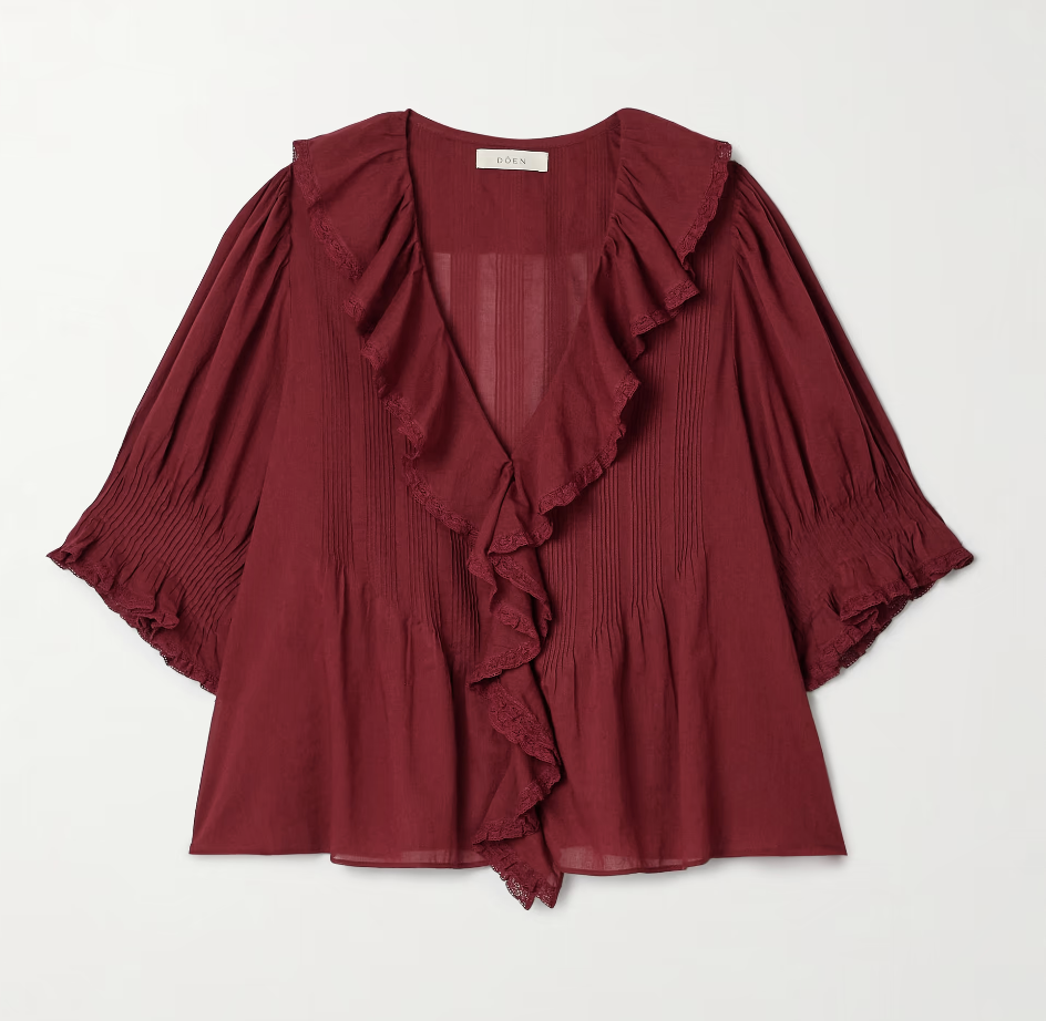 Henri lace-trimmed ruffled pintucked blouse
-- Brand: Doen
100% organic cotton-voile 