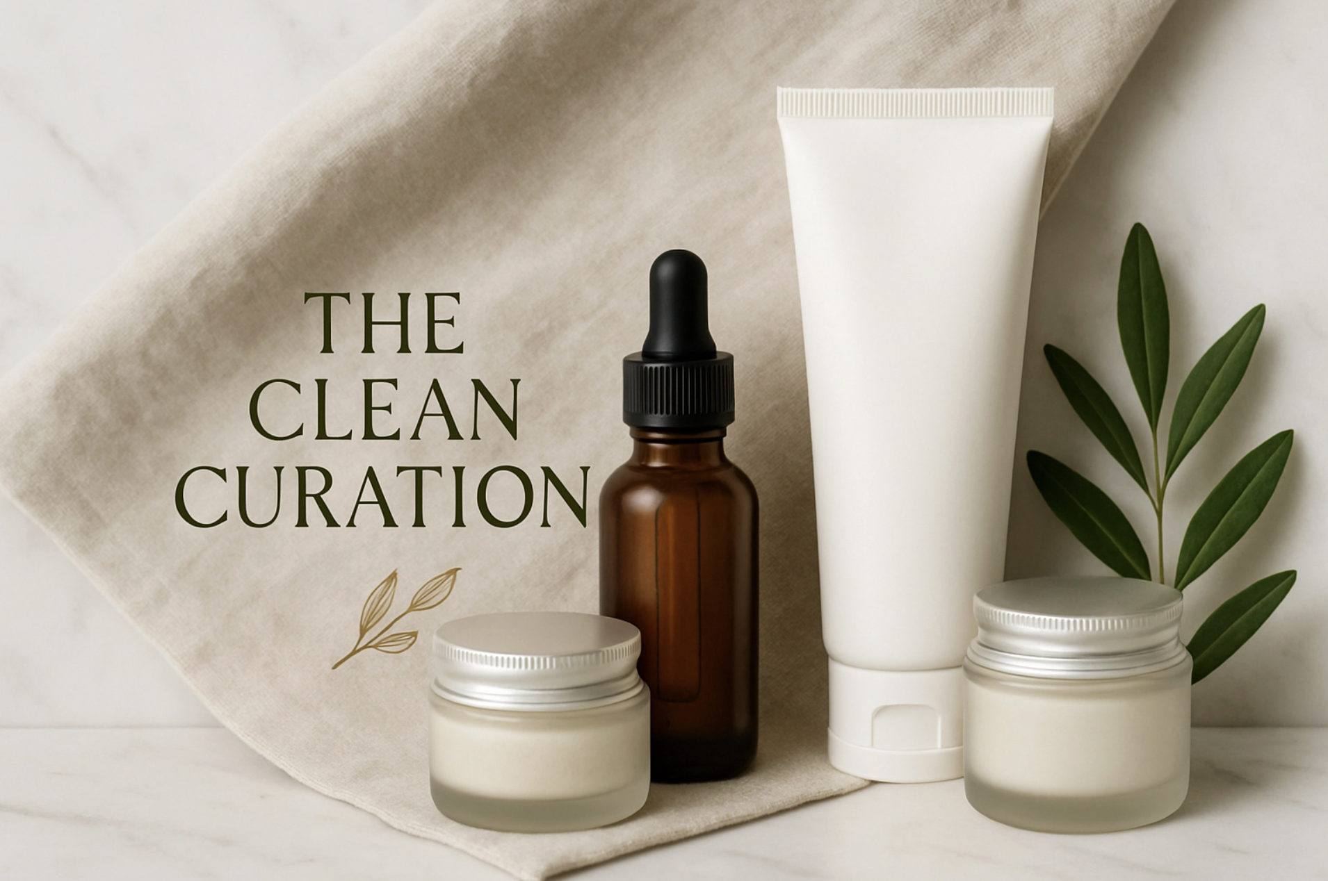 Skincare products including two white jars with silver lids, a white tube, and a brown glass dropper bottle, arranged with a green leaf on a beige cloth with a botanical illustration and the words "The Clean Curation".