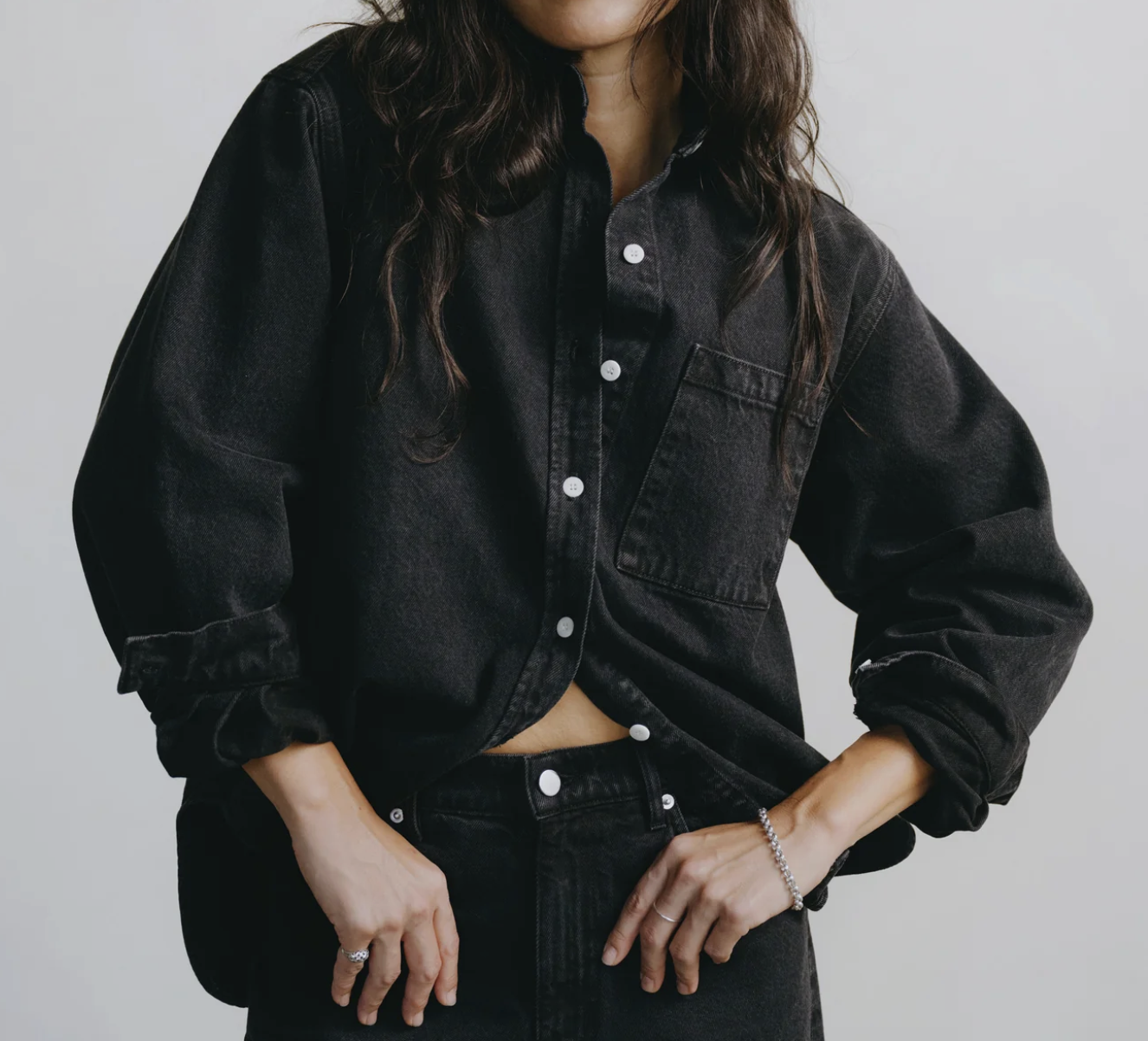 Denim Marcie Shirt
-- Brand: Ozma of California
Recycled Cotton, 100% Biodegradable Fabric