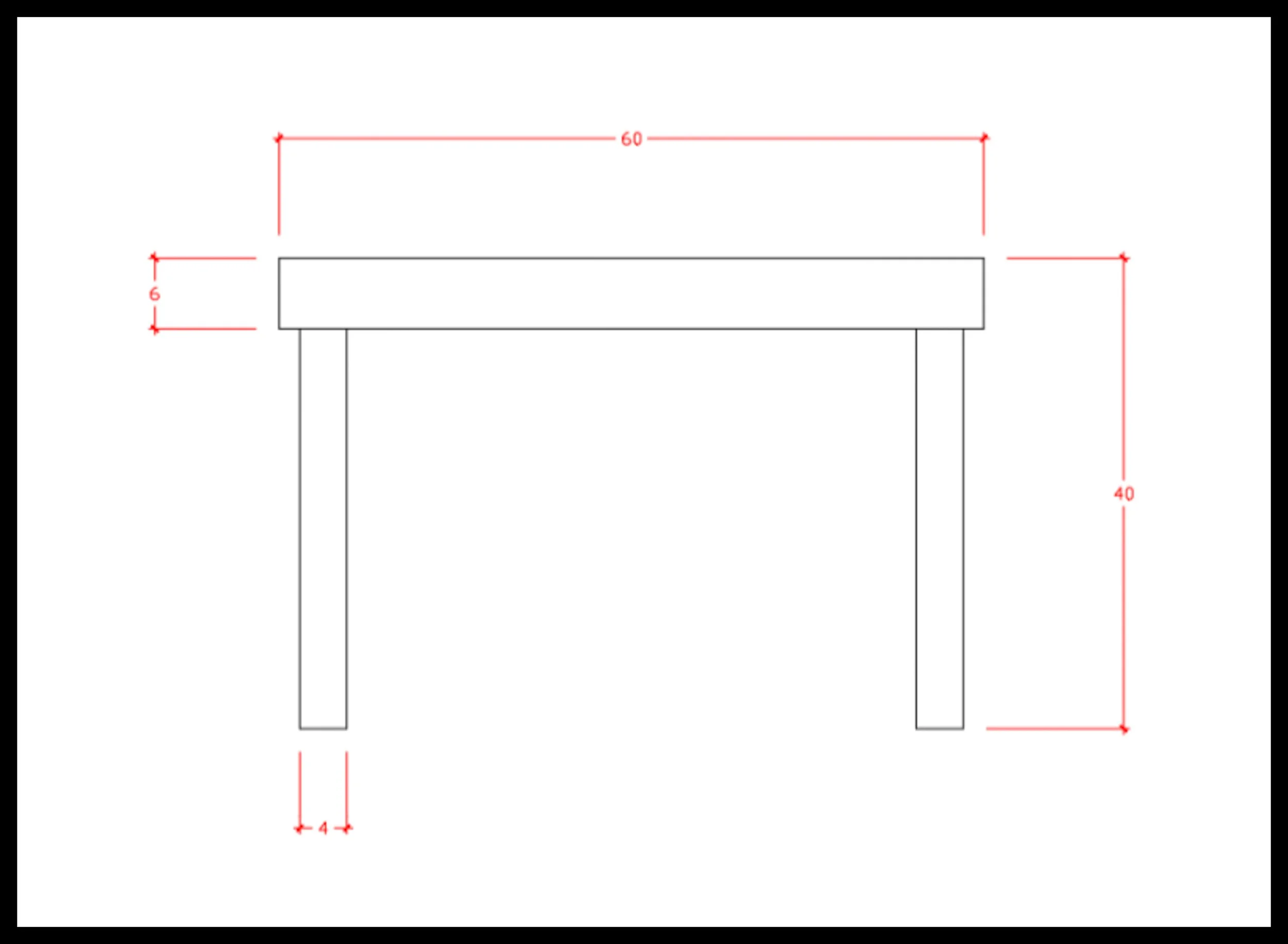 Starting shape line drawing of a tall, heavy table showing 40‑inch height, 6‑inch top, and 4‑inch legs — the baseline geometry before any bevels, undercuts, tapers, or shadow lines are added.