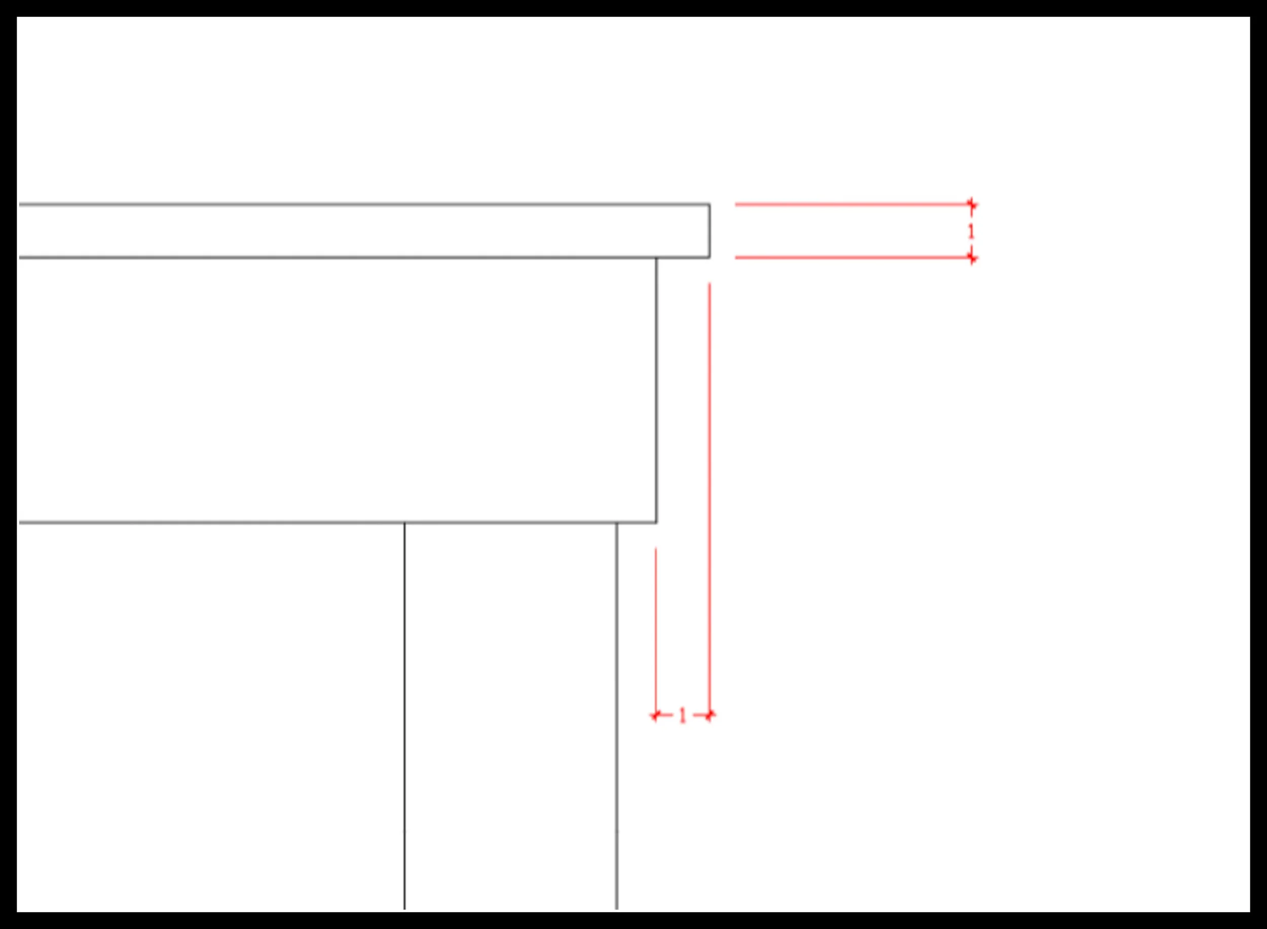 Line drawing of a tabletop with a one‑inch overhang showing how the extended top creates a shadow line that visually lightens the table without changing its dimensions.