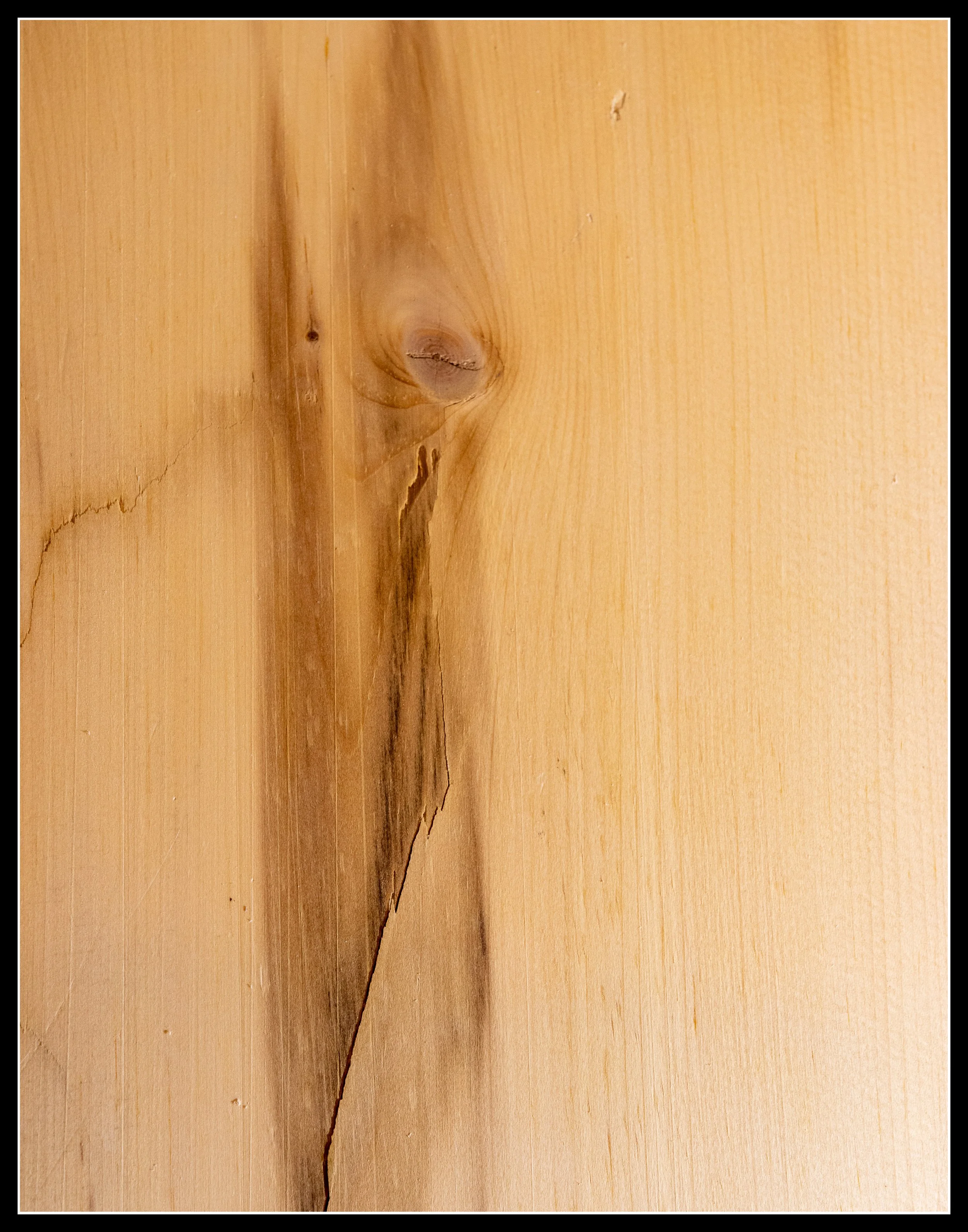 Close‑up of a white pine board showing pale grain, knots, and natural color variation.