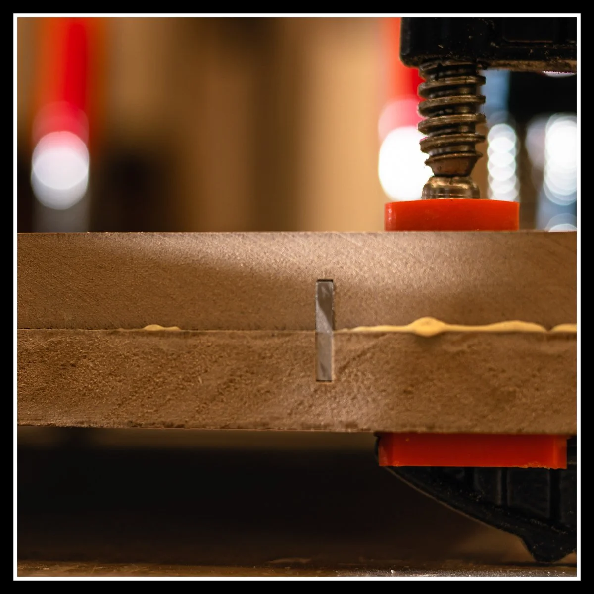 close up of clamps on MDF with glue drying
